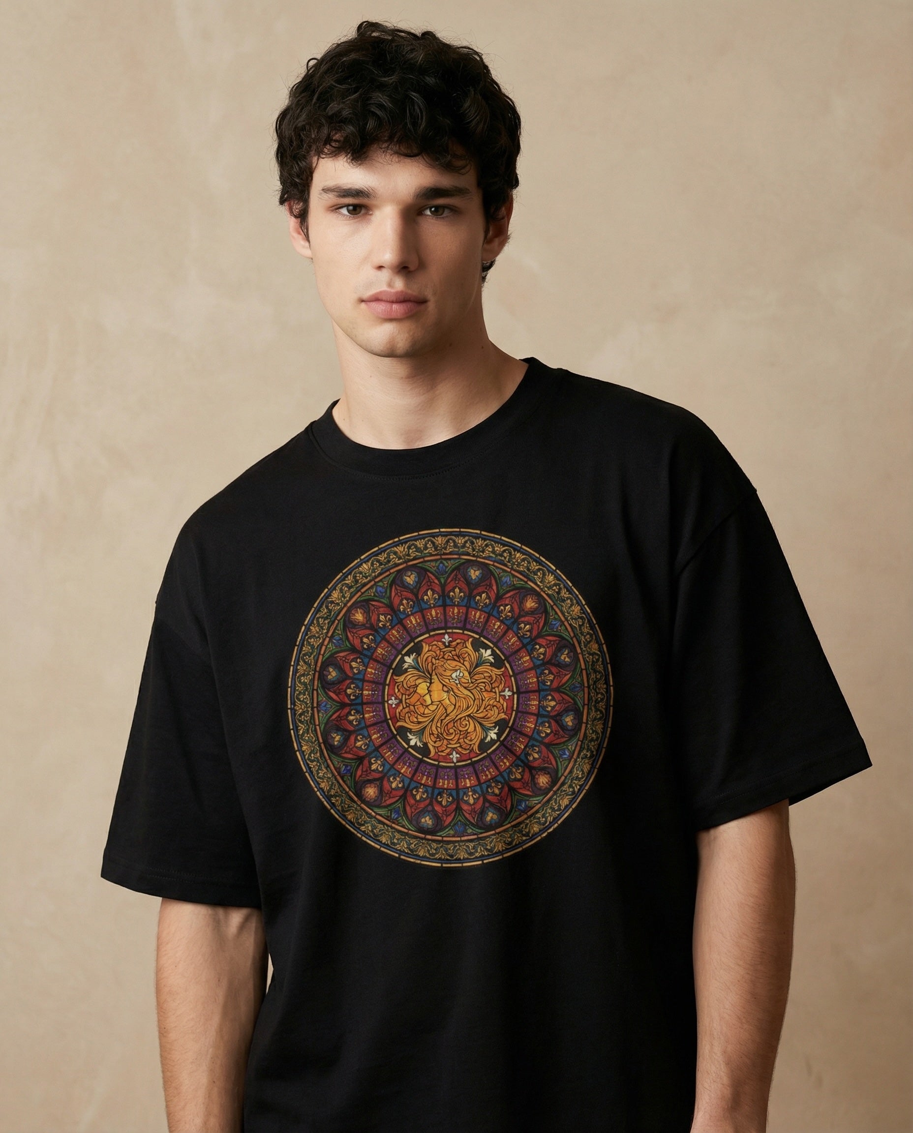 Aurulu Sancta Aurelia oversized men's tee with print design, featuring comfortable casual fit and soft fabric.