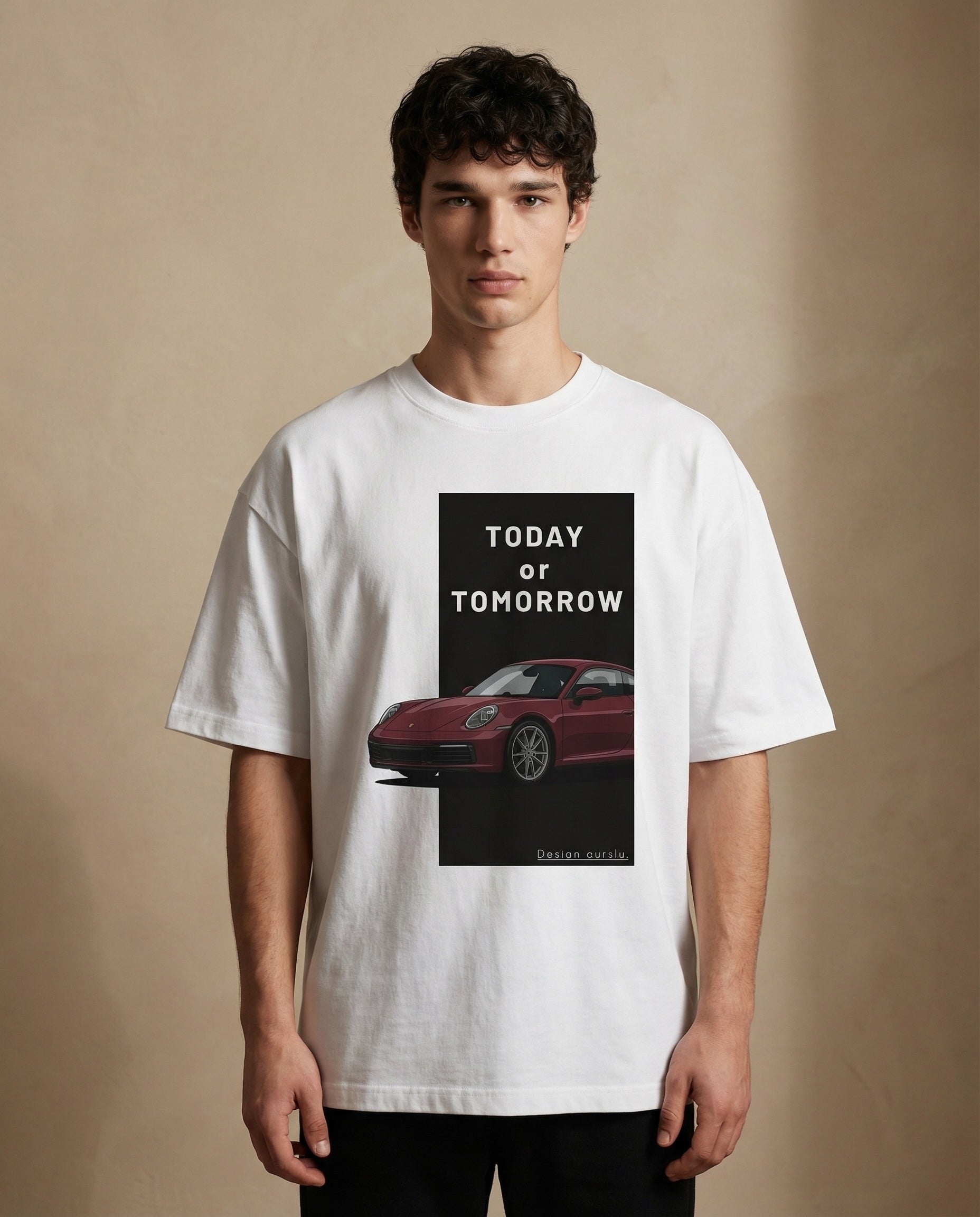 Unisex oversized print t-shirt by Aurulu featuring "Today or Tomorrow" design, casual fit, soft fabric.
