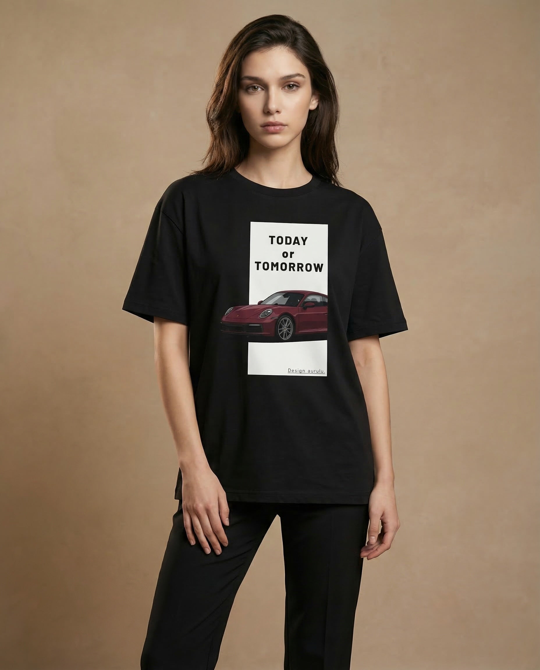 Unisex oversized print t-shirt by aurulu featuring bold "Today or Tomorrow" text on soft fabric.