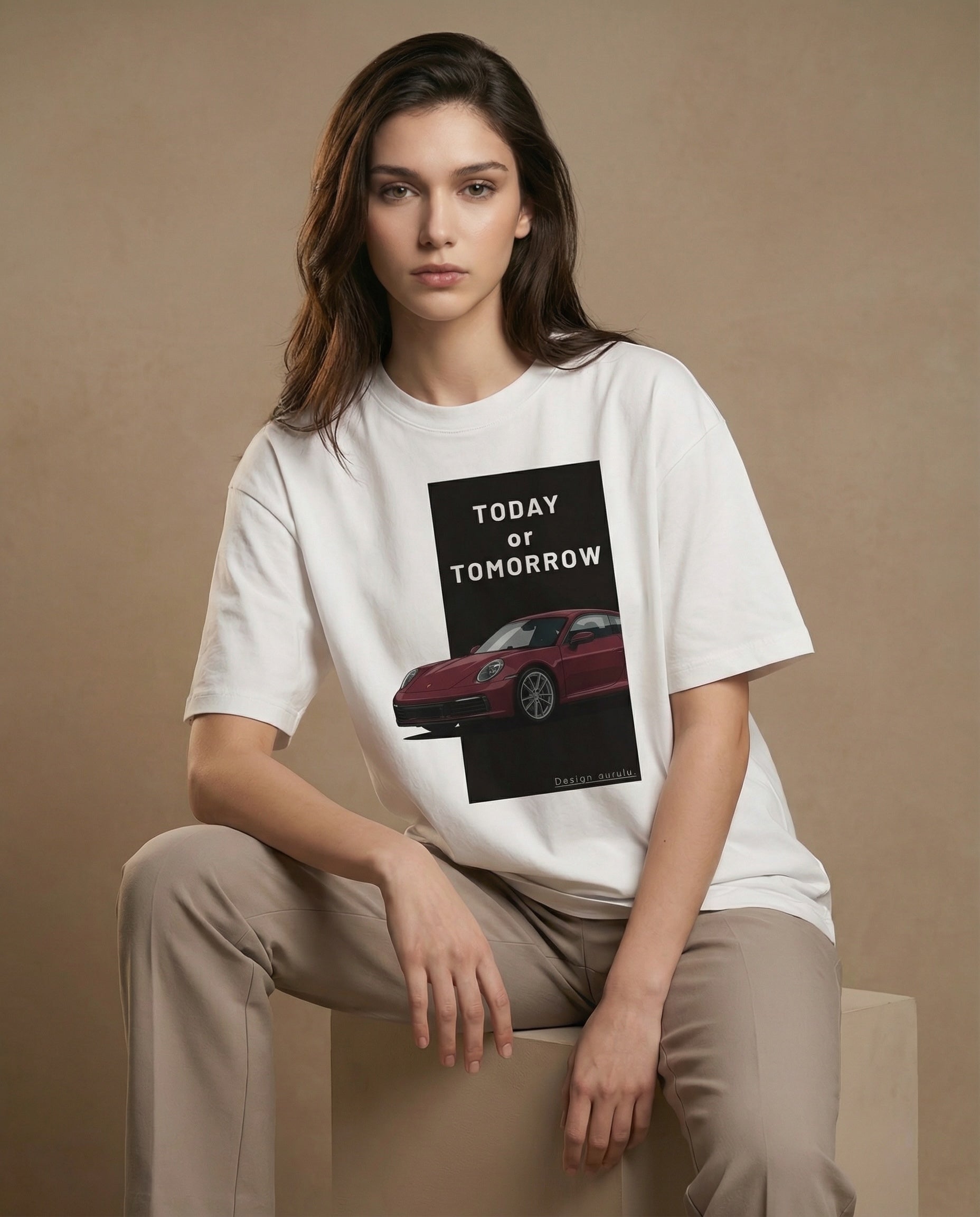 Unisex oversized "Today or Tomorrow" print T-shirt by aurulu, featuring bold graphic design on soft fabric.