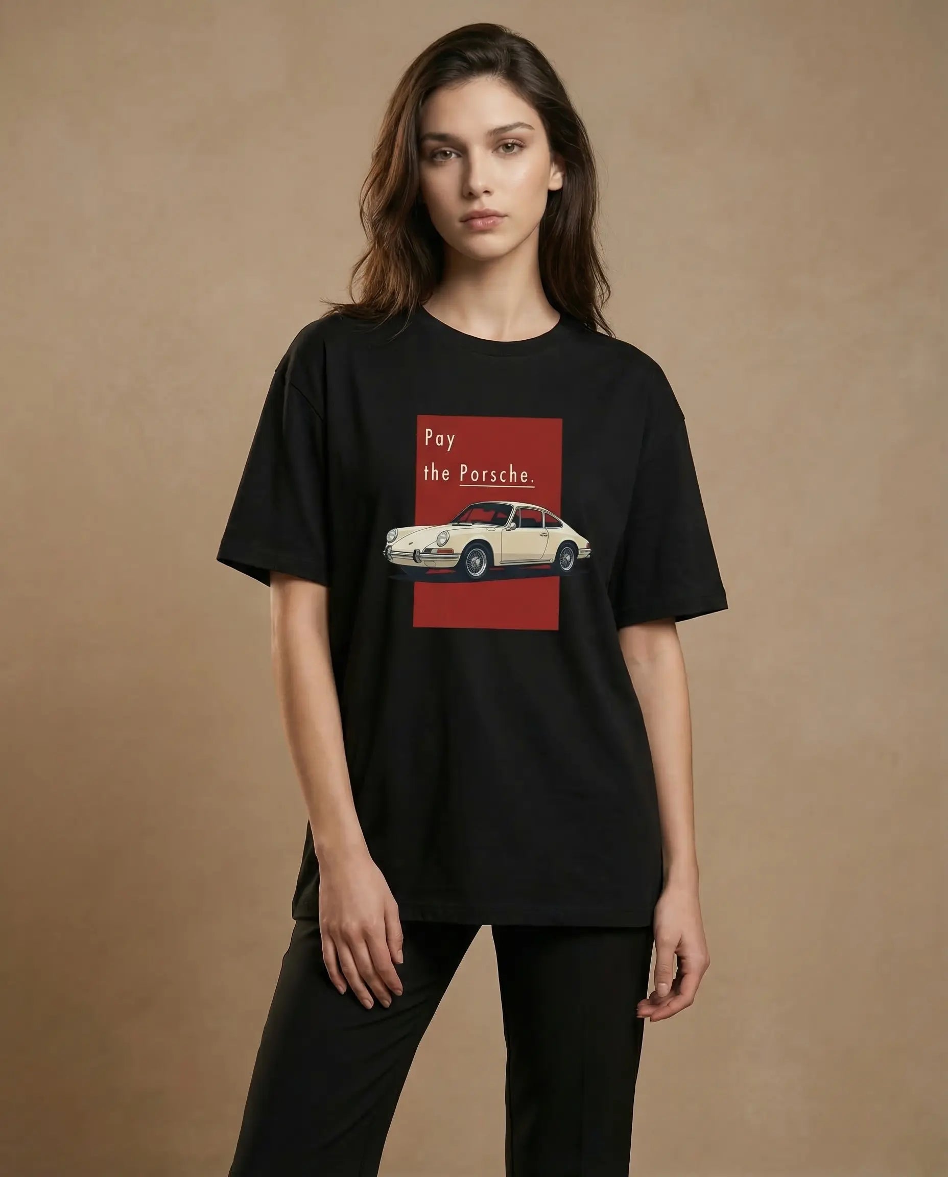 Unisex oversized Porsche print tee by aurulu, featuring bold automotive graphic on soft cotton fabric.
