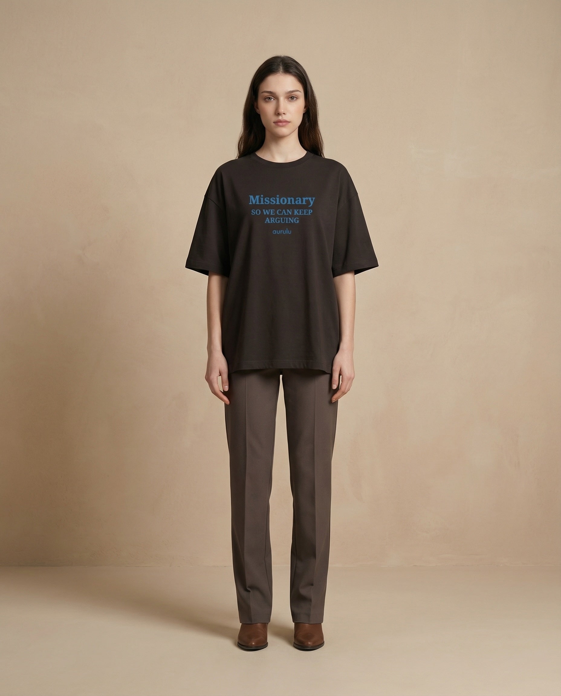Oversized women's Missionary Argument T-shirt by aurulu with print design, casual fit, and soft fabric, ideal for comfortable everyday wear.