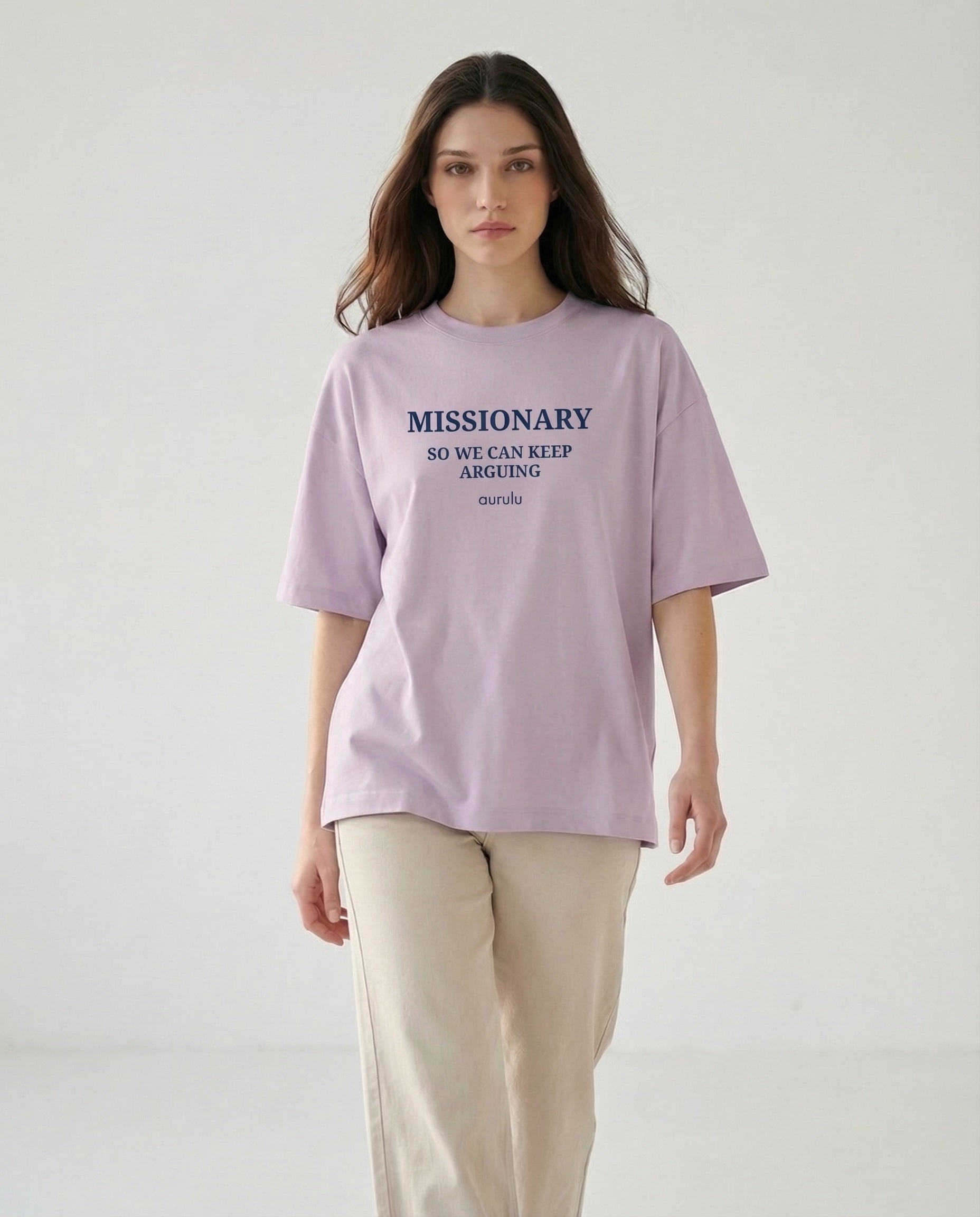 Oversized women's T-shirt with missionary argument print by aurulu, featuring a casual fit and graphic design on soft fabric.