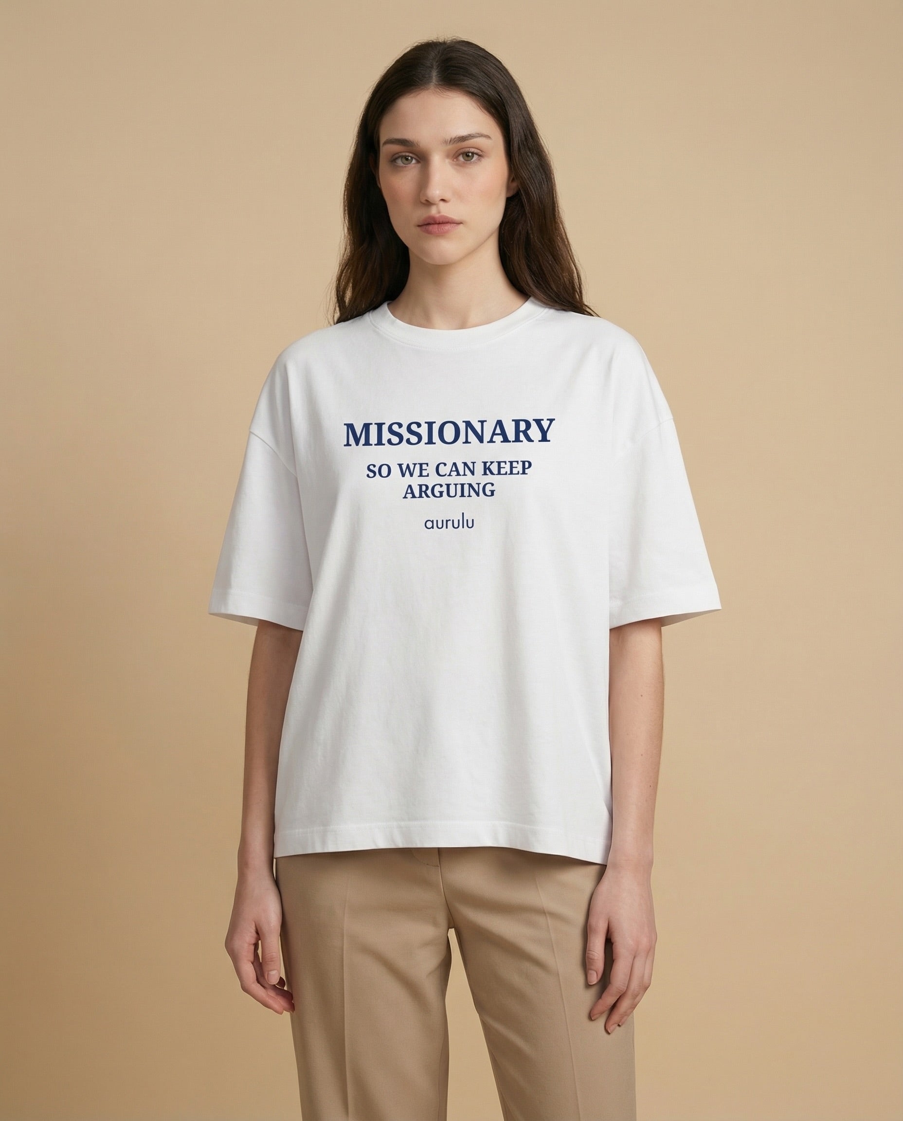 Aurulu women's oversized missionary argument print T-shirt, soft cotton material, casual fit, featuring a bold graphic design.