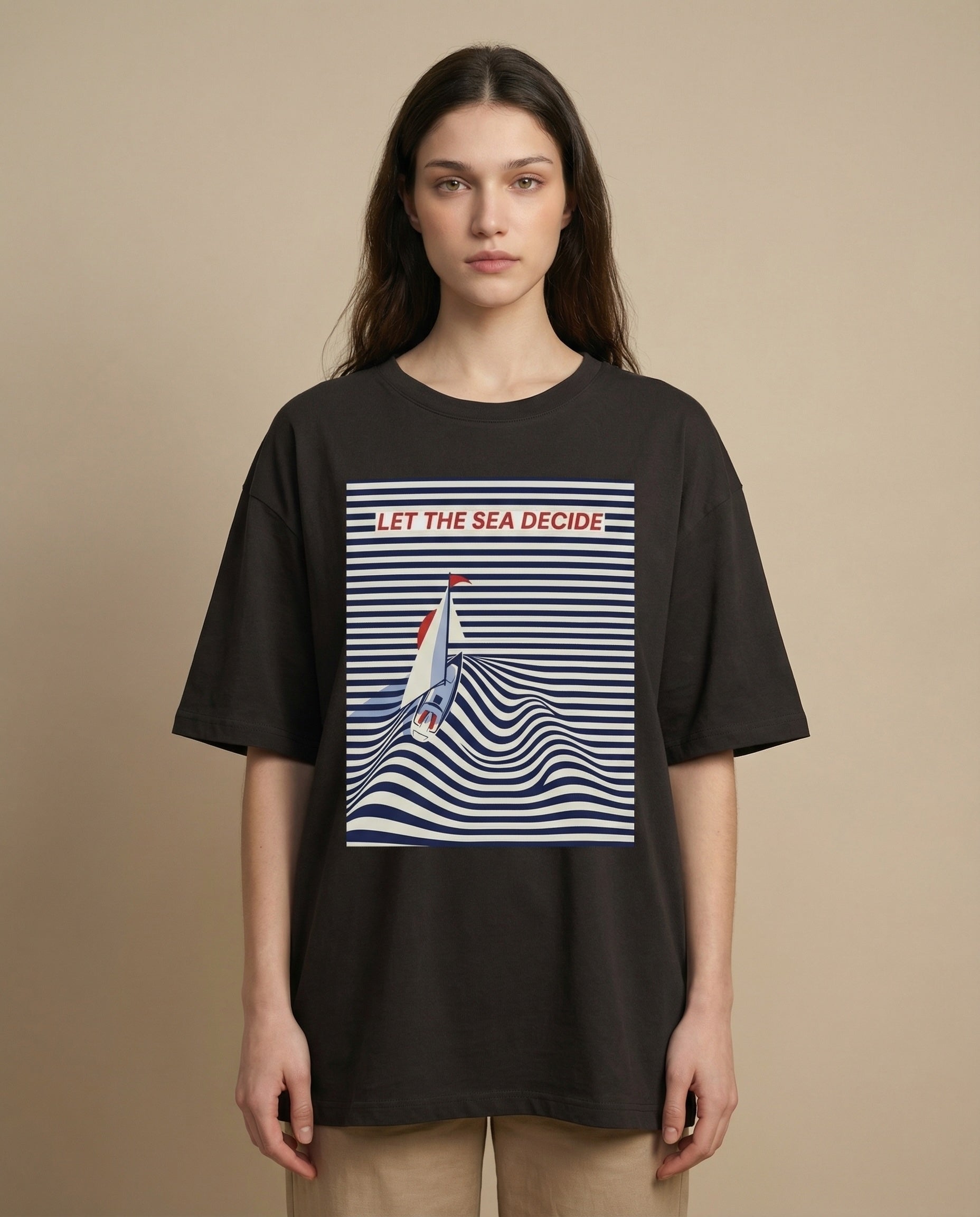 Aurulu women's oversized sea-themed print tee featuring a relaxed fit and ocean-inspired design.