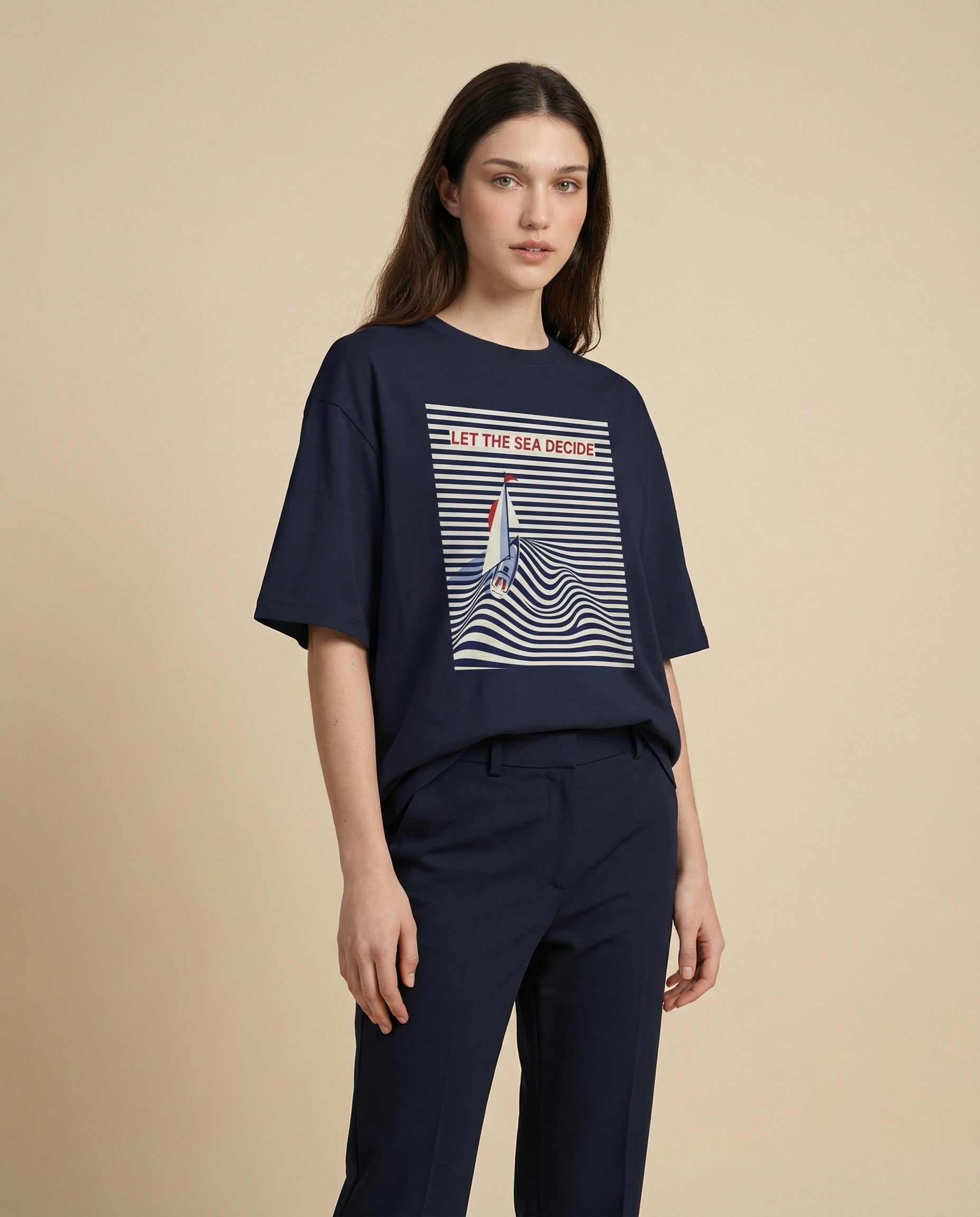 Women’s oversized tee by Aurulu featuring a sea-inspired print, casual fit, soft fabric, and relaxed style.