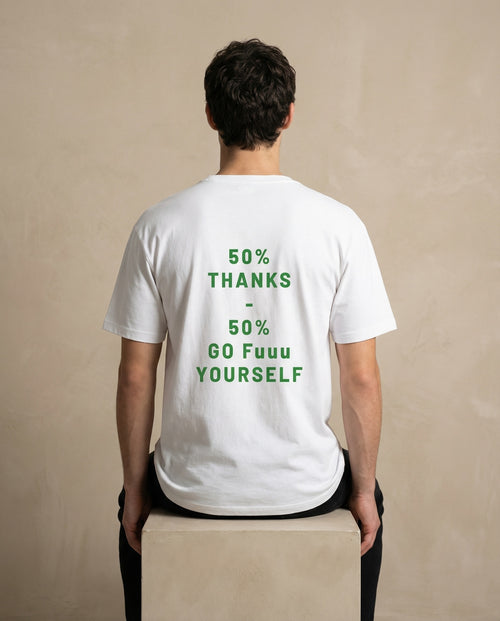 Men's aurulu Thanks Duality Statement Tee with bold print design, made from high-quality fabric, displayed on a hanger.