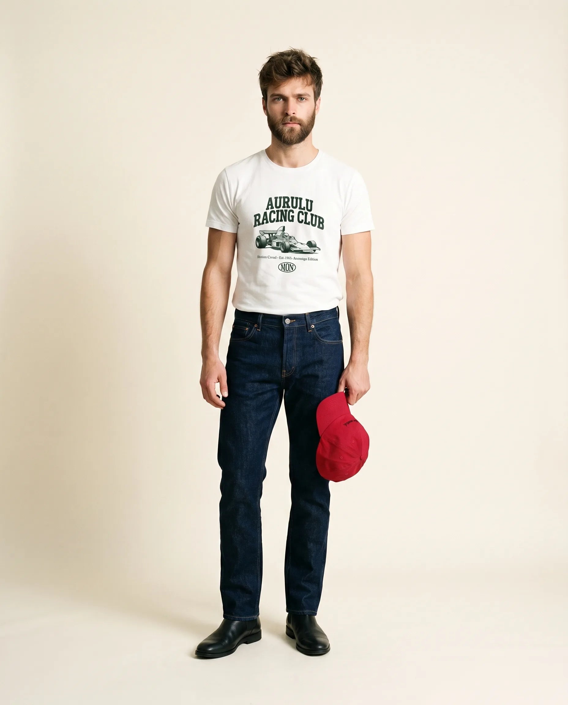 Aurulu after match cotton drill cap with printed design, made from durable cotton drill material, shown in a natural relaxed fit.