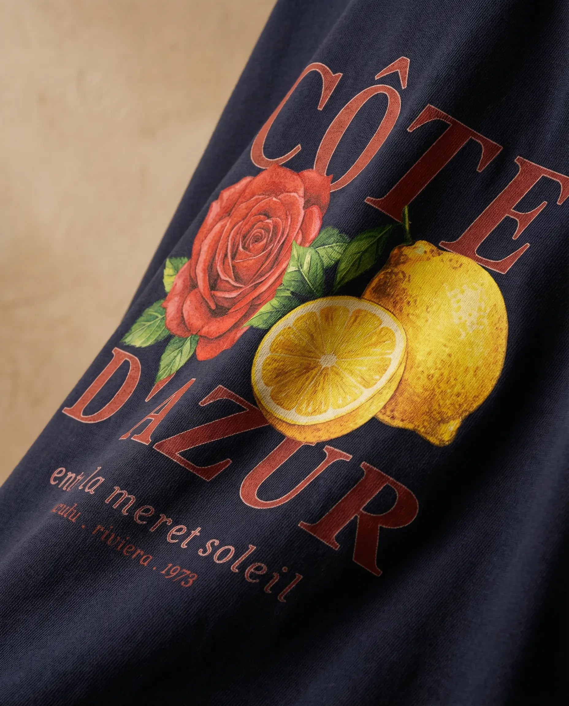 Oversized women's tee by aurulu featuring a vibrant Côte d'Azur print on soft fabric.