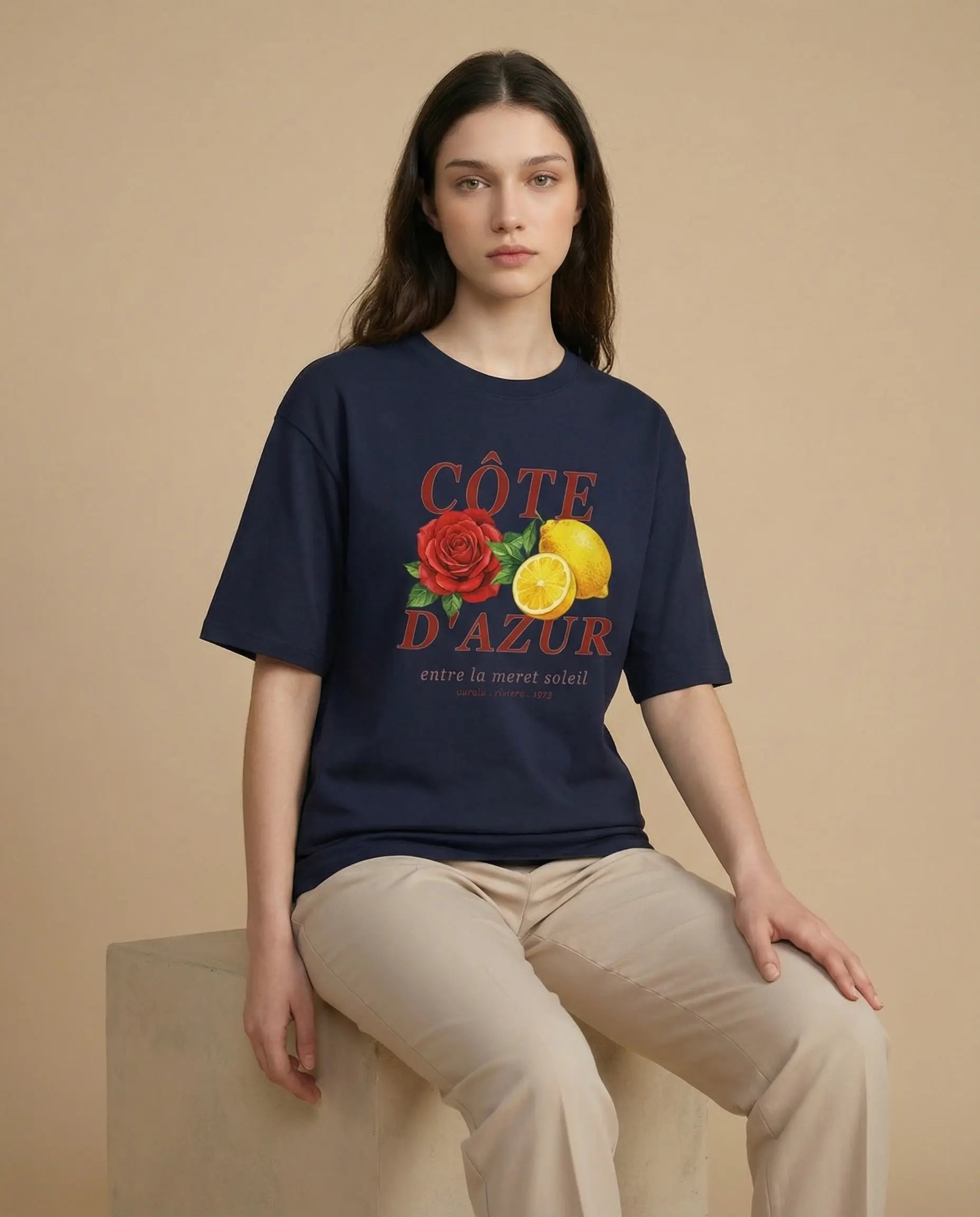 Côte d'Azur women's oversized tee with colorful print, soft cotton material, by aurulu, shown flat on a white background.