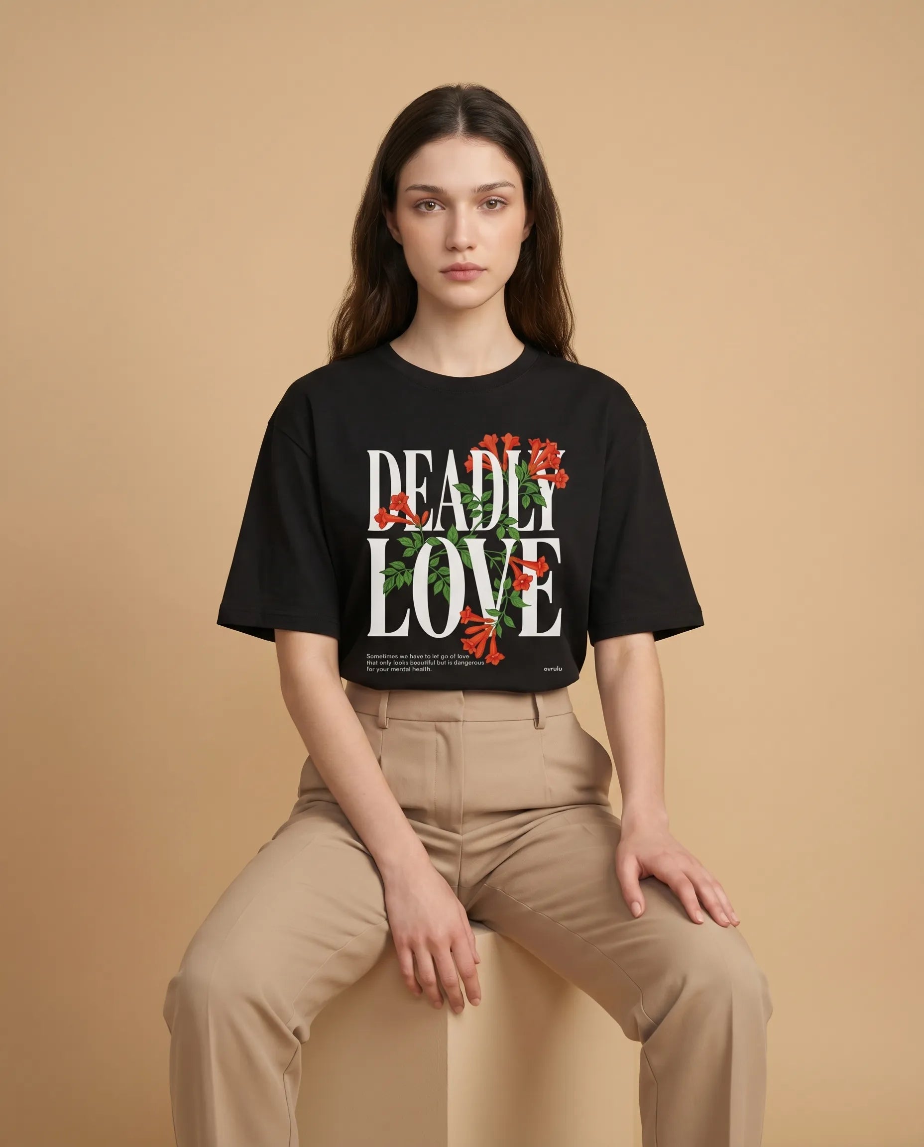 Deadly Love women's oversized print tee by Aurulu featuring a bold graphic design on soft fabric.