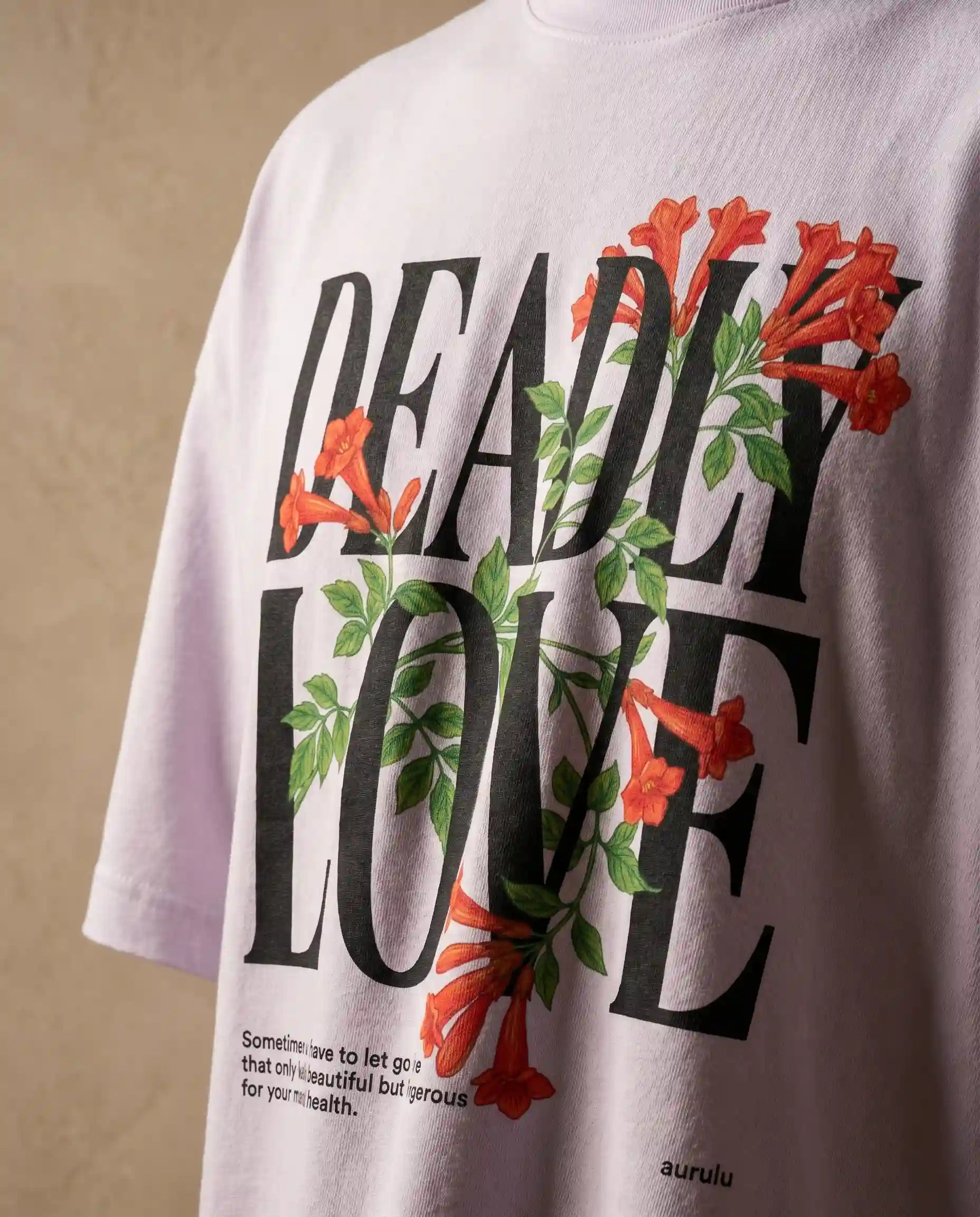 Deadly Love women's oversized tee with bold print design by aurulu, casual fit and comfortable fabric.
