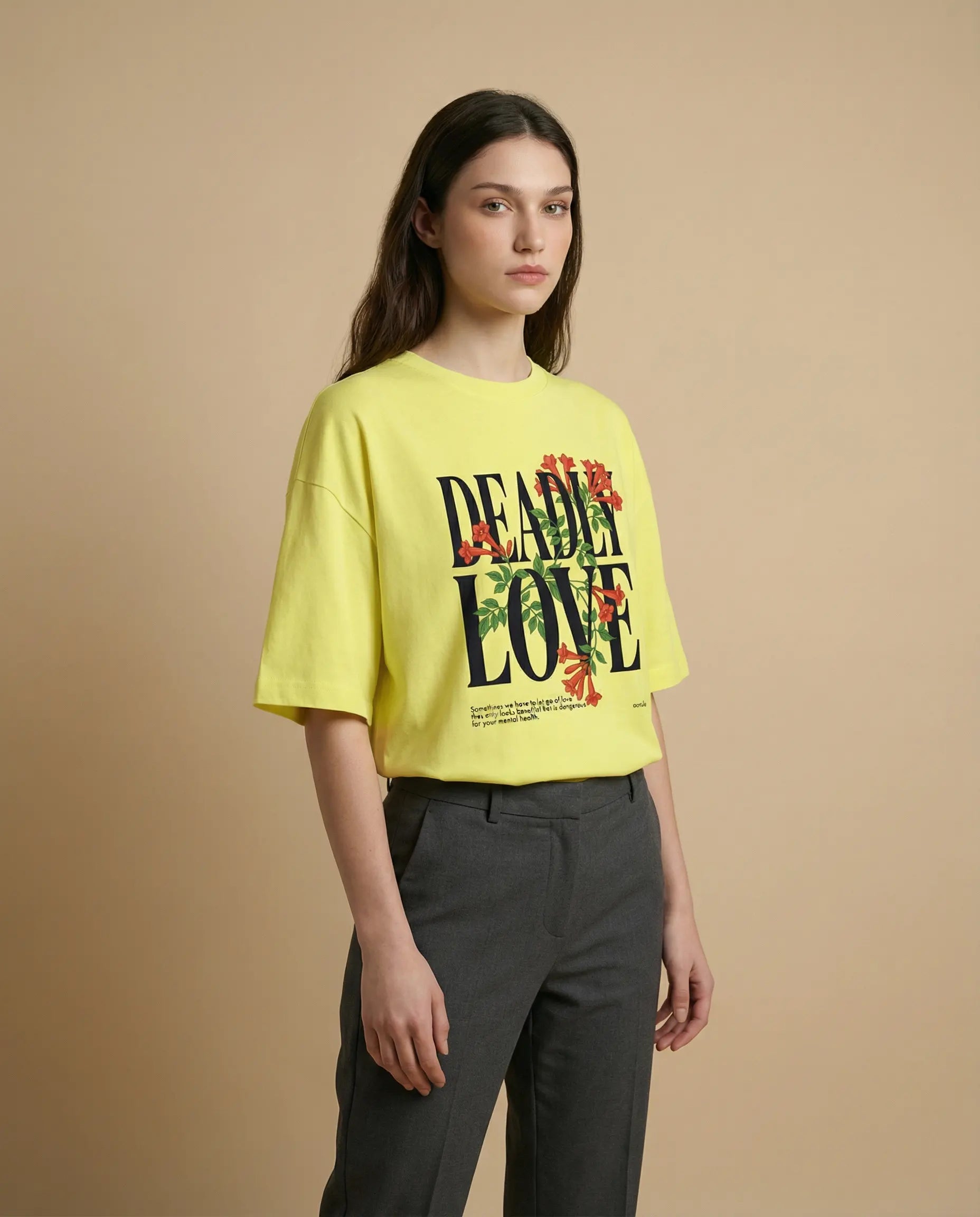 Deadly Love women's oversized print tee by aurulu featuring a bold graphic design on soft fabric.
