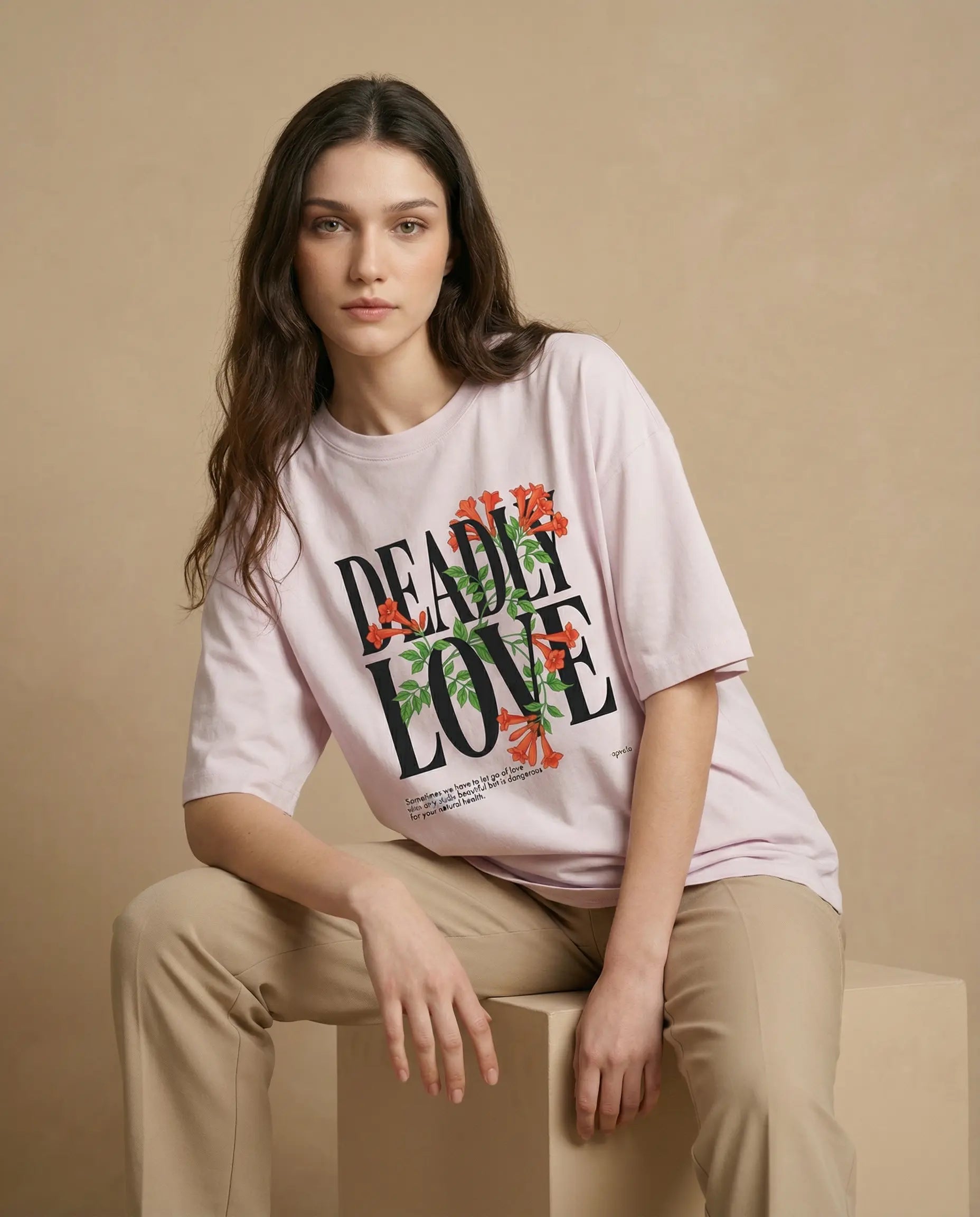 Aurulu Deadly Love women's oversized tee with bold print design, casual fit, and soft fabric for a comfortable, stylish look.