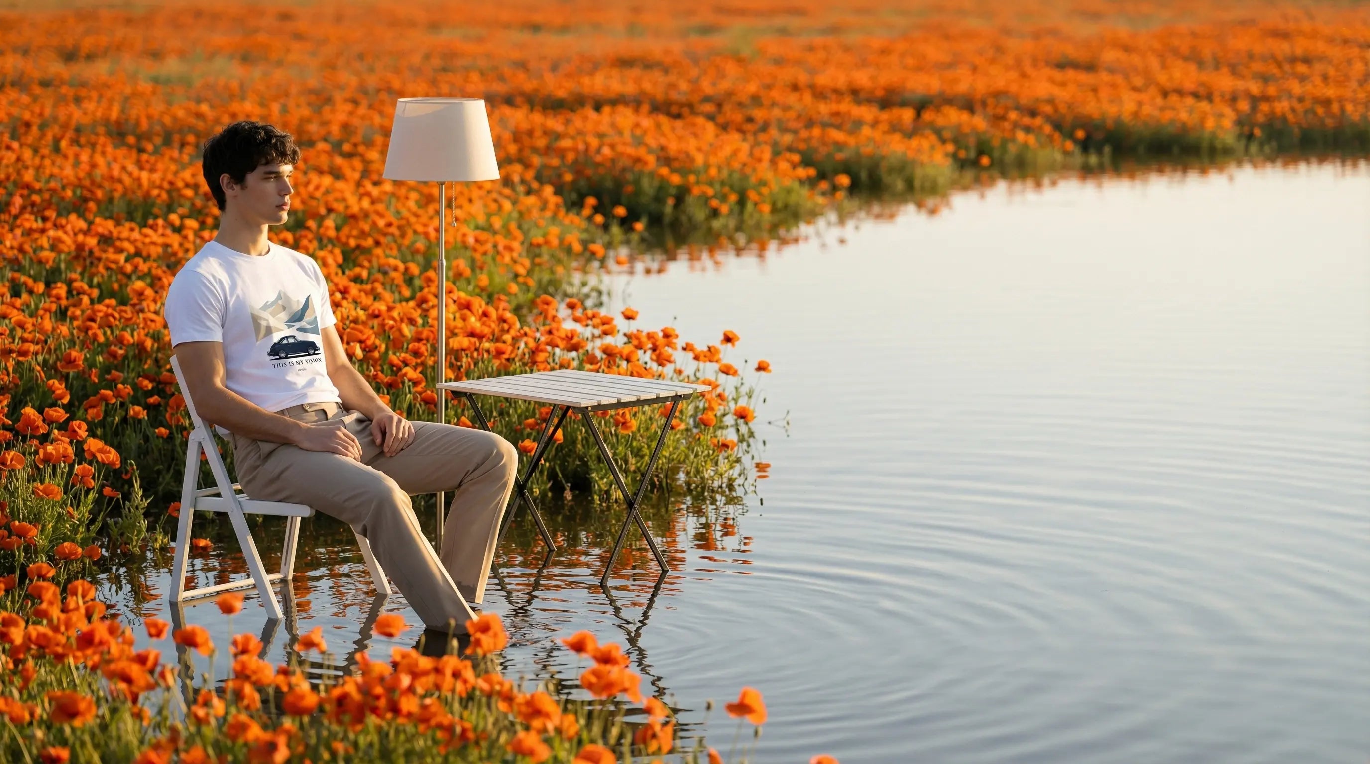 aurulu graphic tee — man seated in orange poppy field, relaxed streetwear aesthetic.