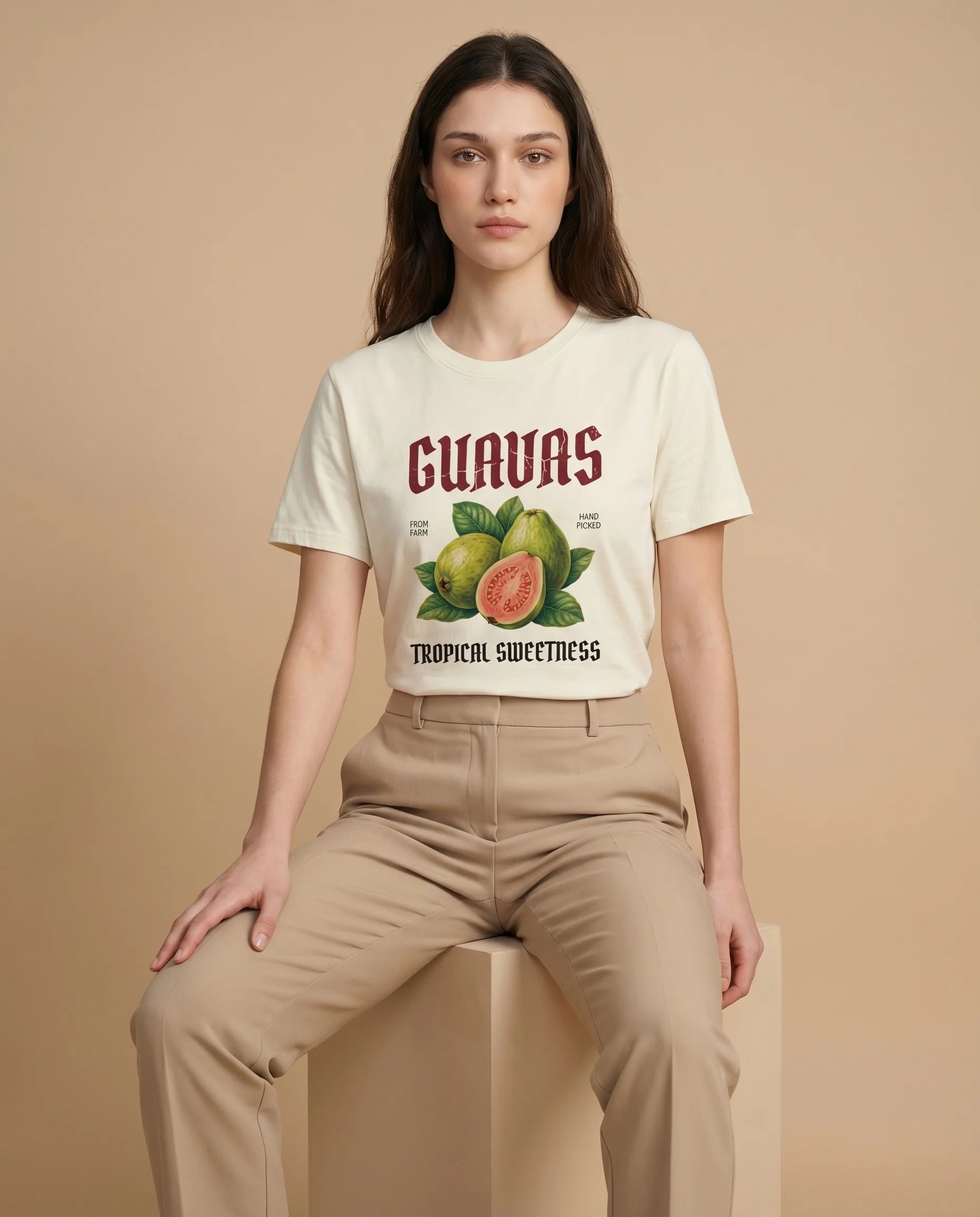 Guavas Women's T-shirt with tropical print by Aurulu, featuring colorful guava fruit design on soft fabric.