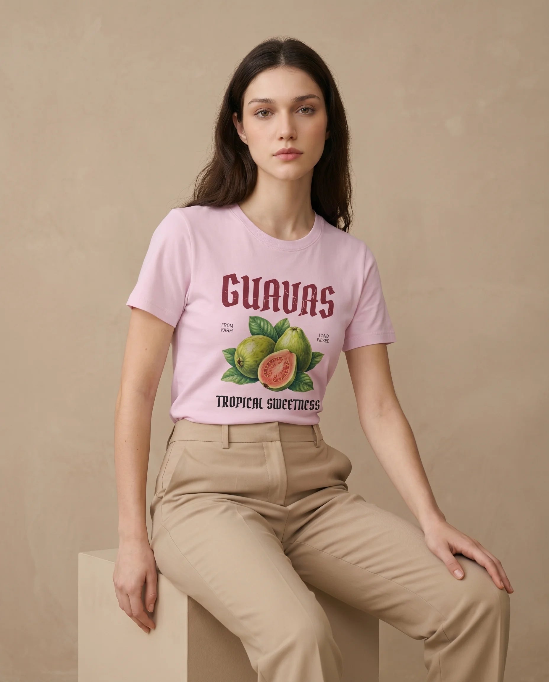 Guavas Women's Tee with tropical print from aurulu, featuring colorful guava fruit design on soft fabric.