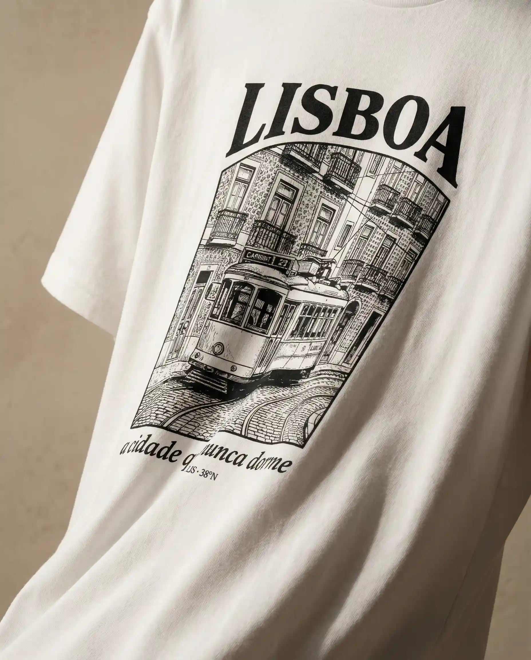 Lisboa Men's crewneck tee by aurulu featuring a colorful print on soft fabric, displayed on a hanger against a plain background.