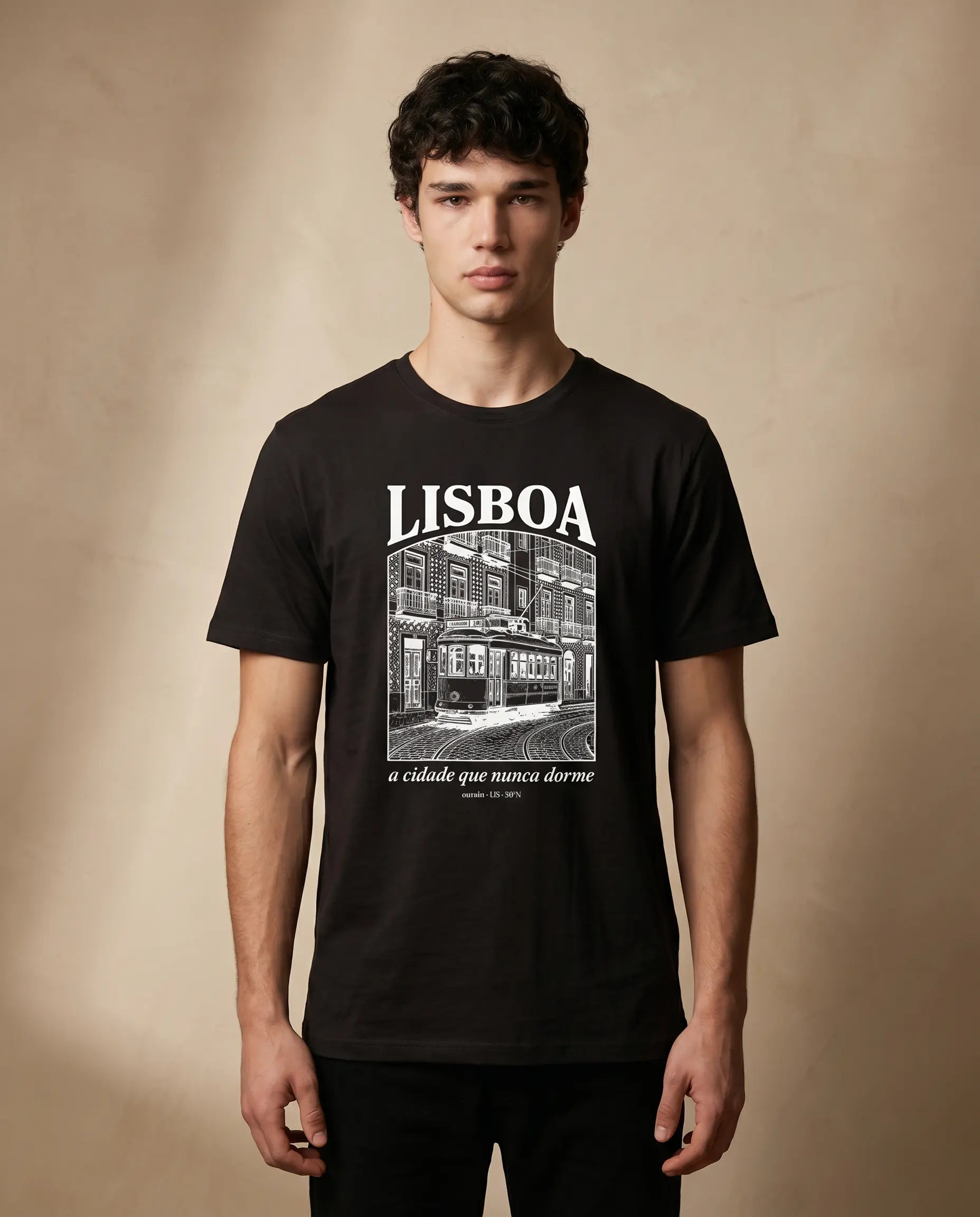 Lisboa men's crewneck tee by aurulu featuring a printed design on soft fabric, shown in a close-up view.