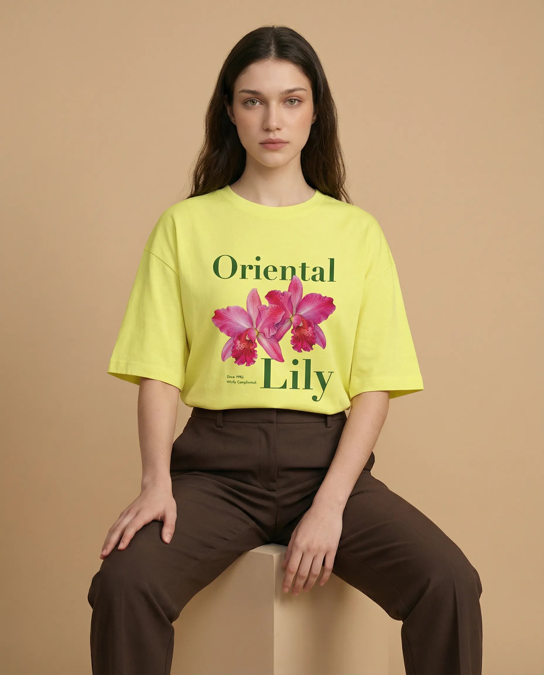 Oversized women's tee by aurulu featuring a vibrant oriental lily print on soft, comfortable fabric.