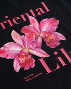 Oriental Lily women's oversized print tee by aurulu featuring a floral design on soft fabric.
