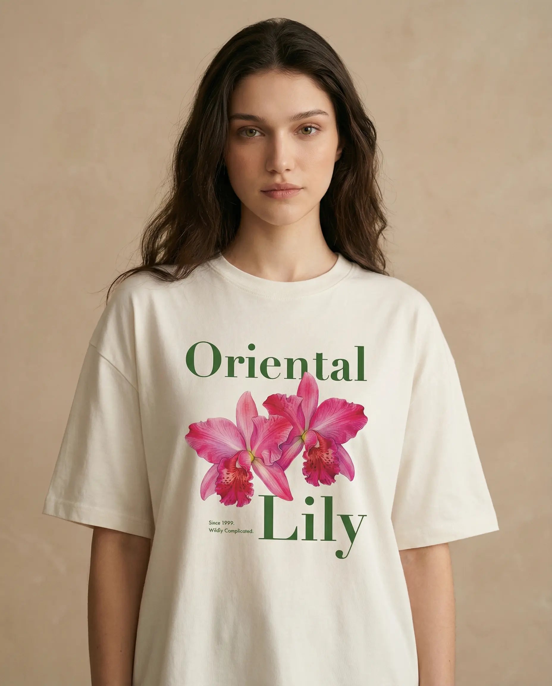 Oriental Lily women's oversized print tee by aurulu, featuring a floral design on soft fabric, casual and comfortable fit