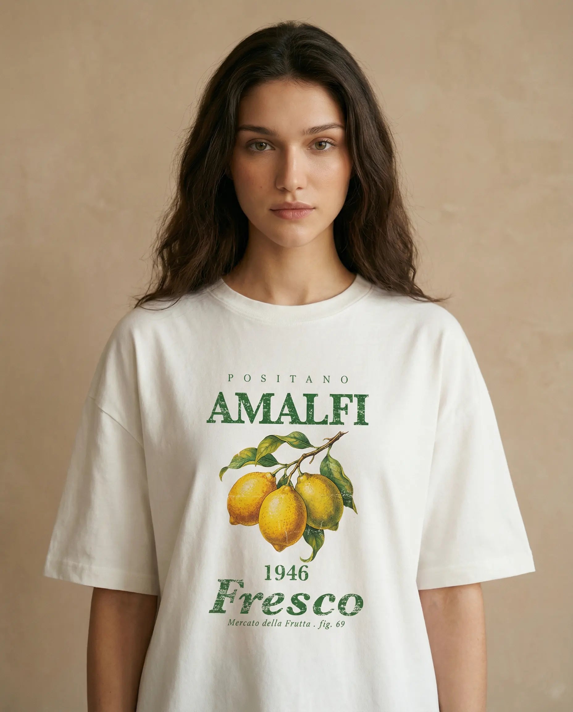Amalfi Fresco women's oversized tee by Aurulu featuring a vibrant print inspired by Positano and Amalfi coast scenery.