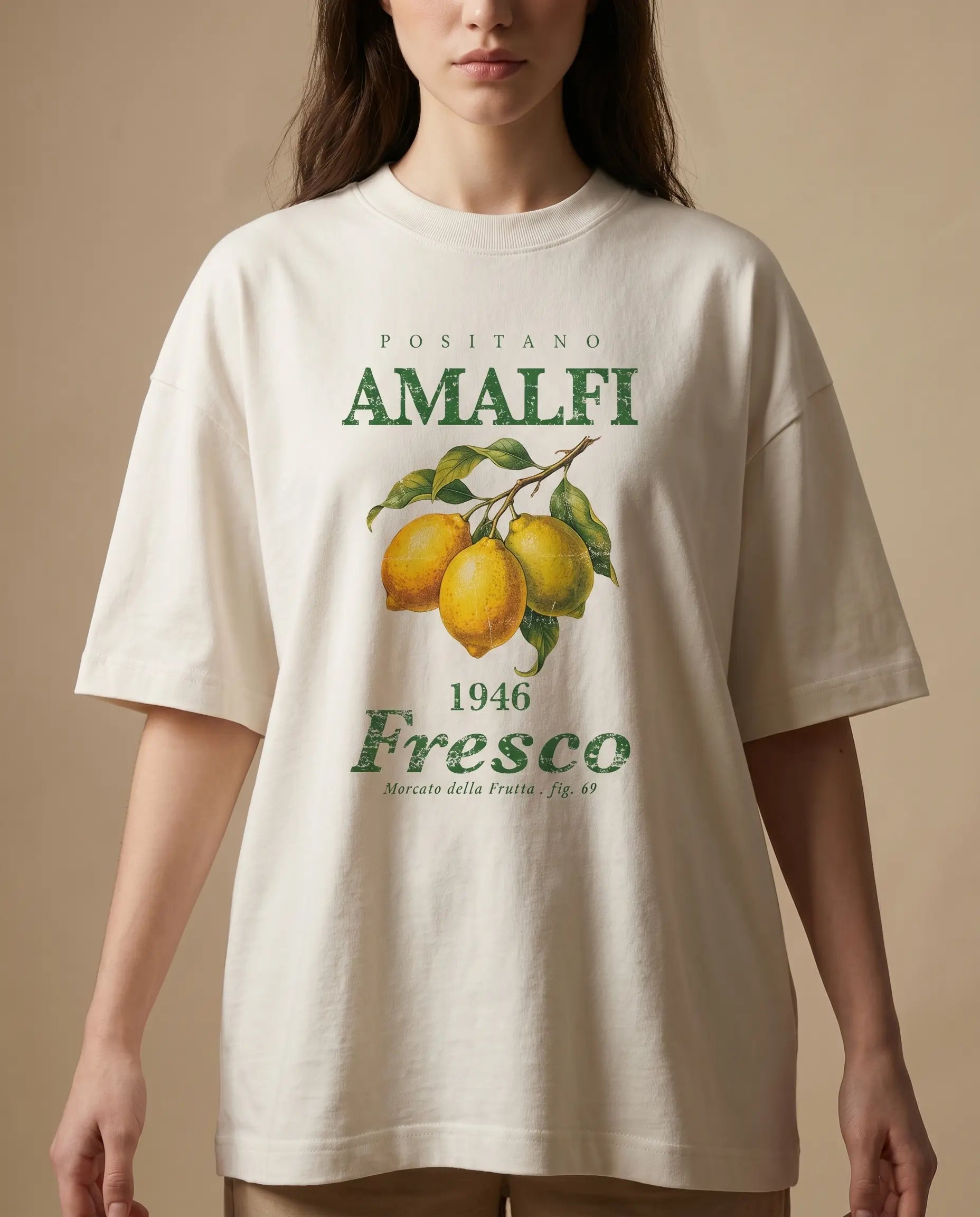Aurulu Amalfi Fresco women's oversized print tee featuring vibrant Positano and Amalfi coastal artwork on soft fabric.