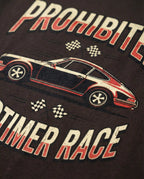 Black crewneck tee for men with vintage race car print from aurulu's Prohibited Oldtimer Race collection.