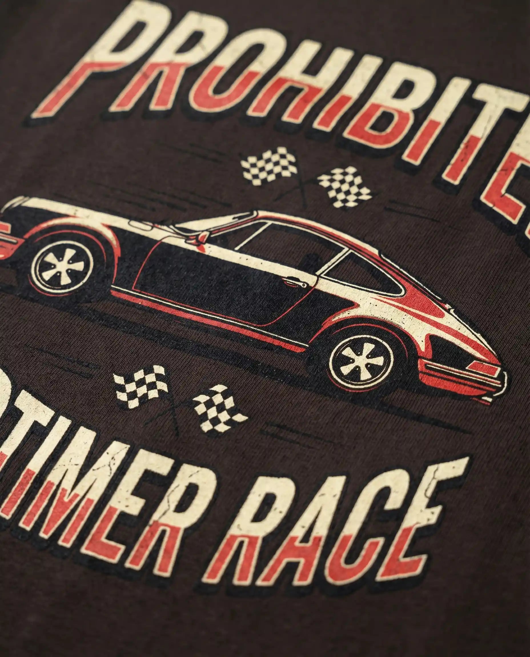 Black crewneck tee for men with vintage race car print from aurulu's Prohibited Oldtimer Race collection.