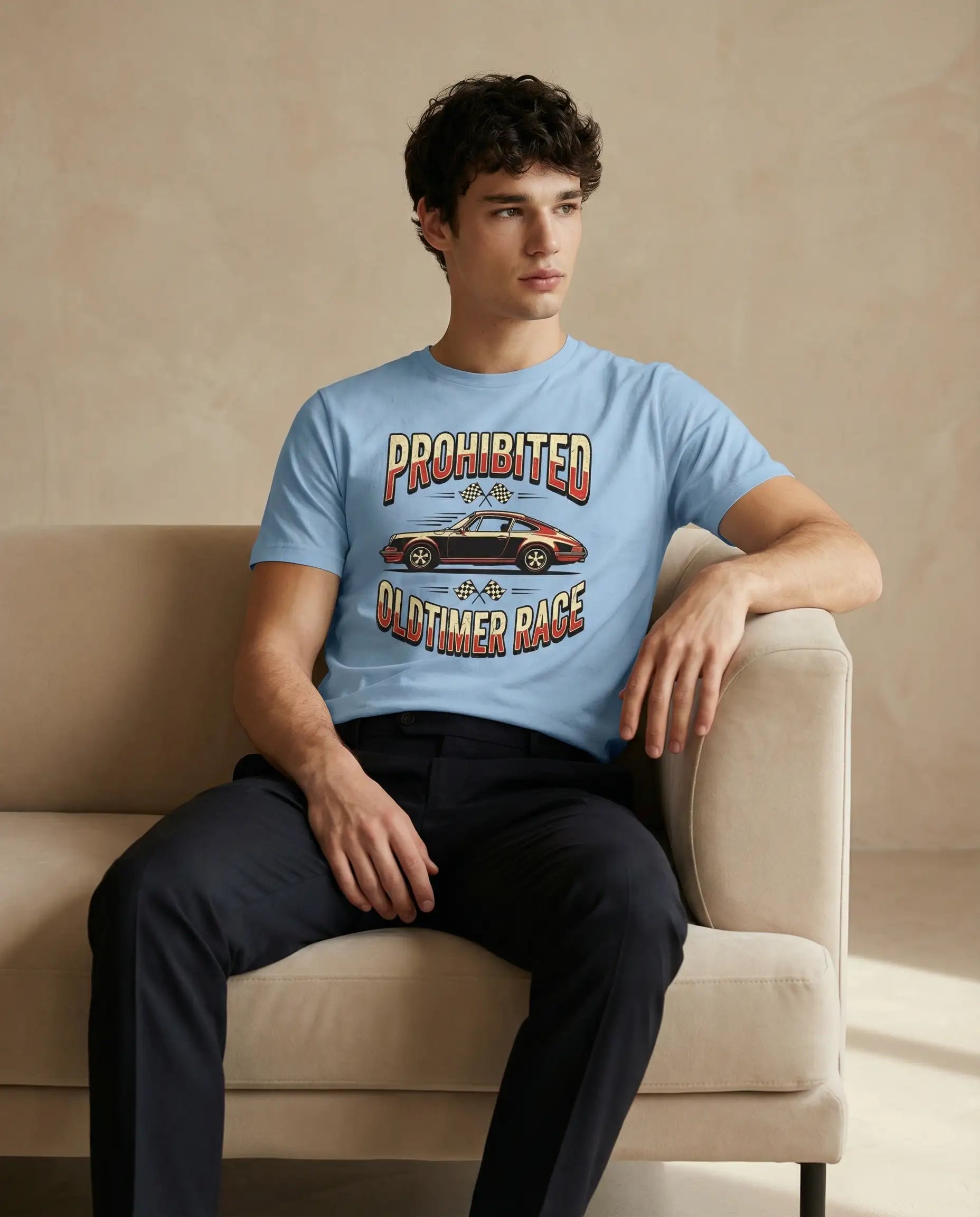 Prohibited Oldtimer Race men's crewneck tee with vintage race car print by aurulu, made from comfortable cotton material.