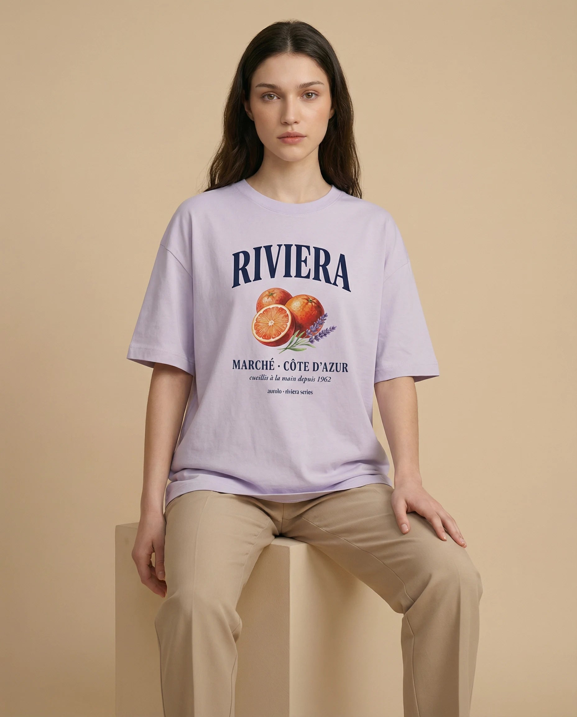 Aurulu Riviera Marché women's oversized tee with vibrant print, casual fit, soft fabric, perfect for relaxed style.