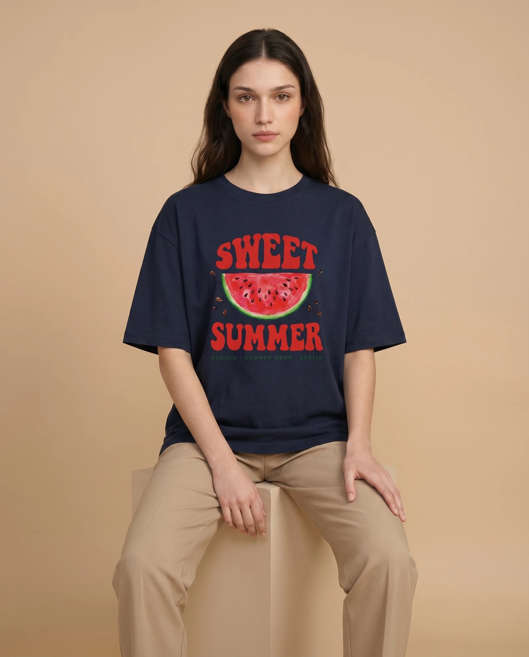 Sweet Summer women's oversized tee with colorful print design, made by aurulu, casual and comfortable for warm weather.