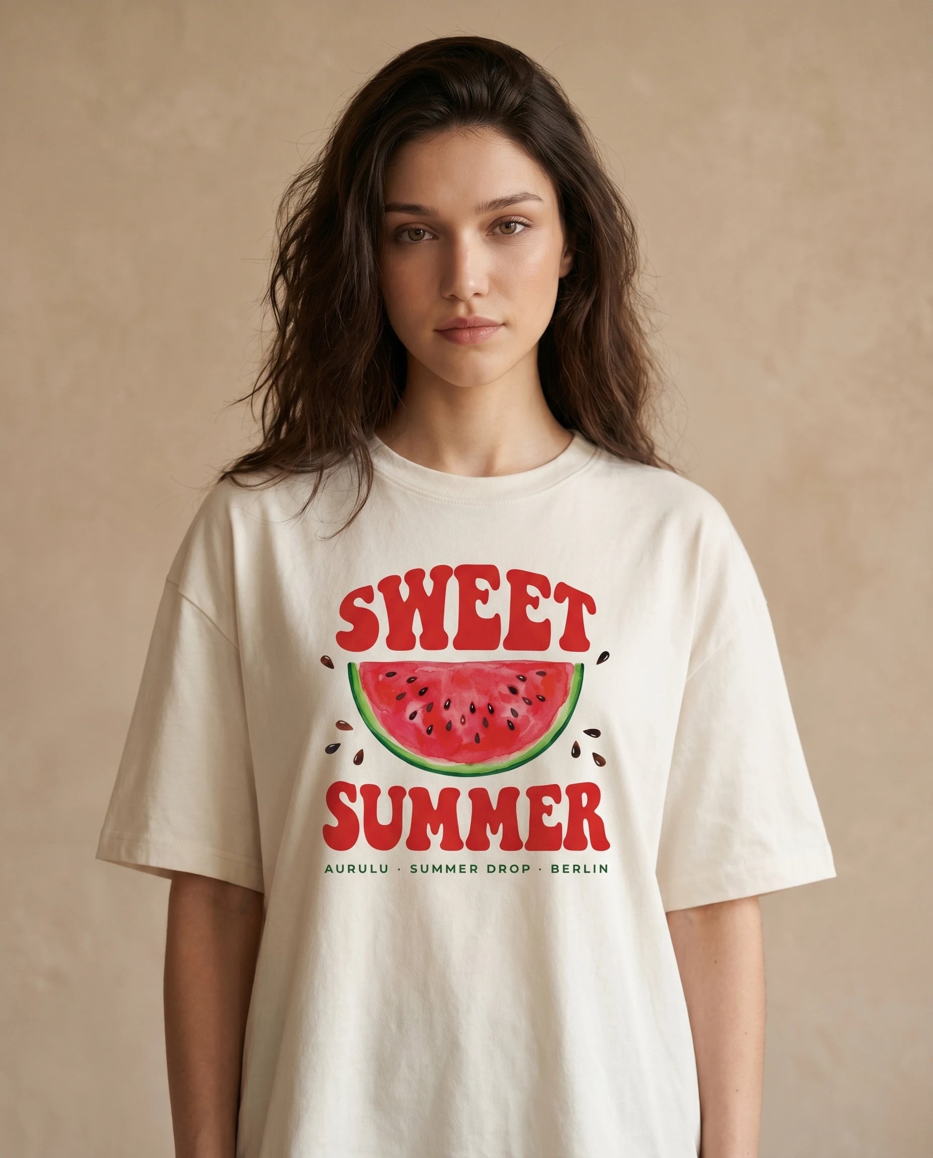 Sweet Summer women's oversized tee with vibrant print, made from comfortable material by aurulu, displayed on a hanger.