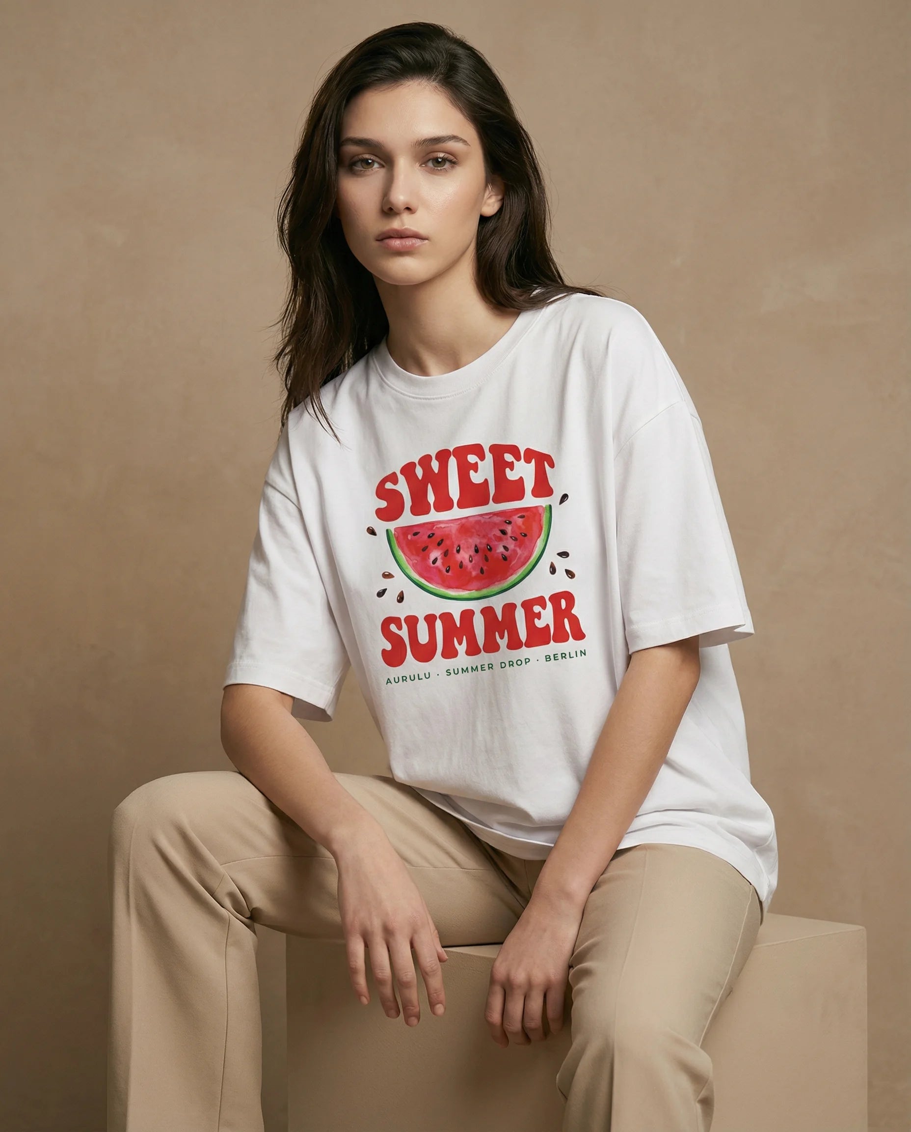 Sweet Summer women's oversized print tee by aurulu, featuring a colorful summer-themed design on soft fabric.