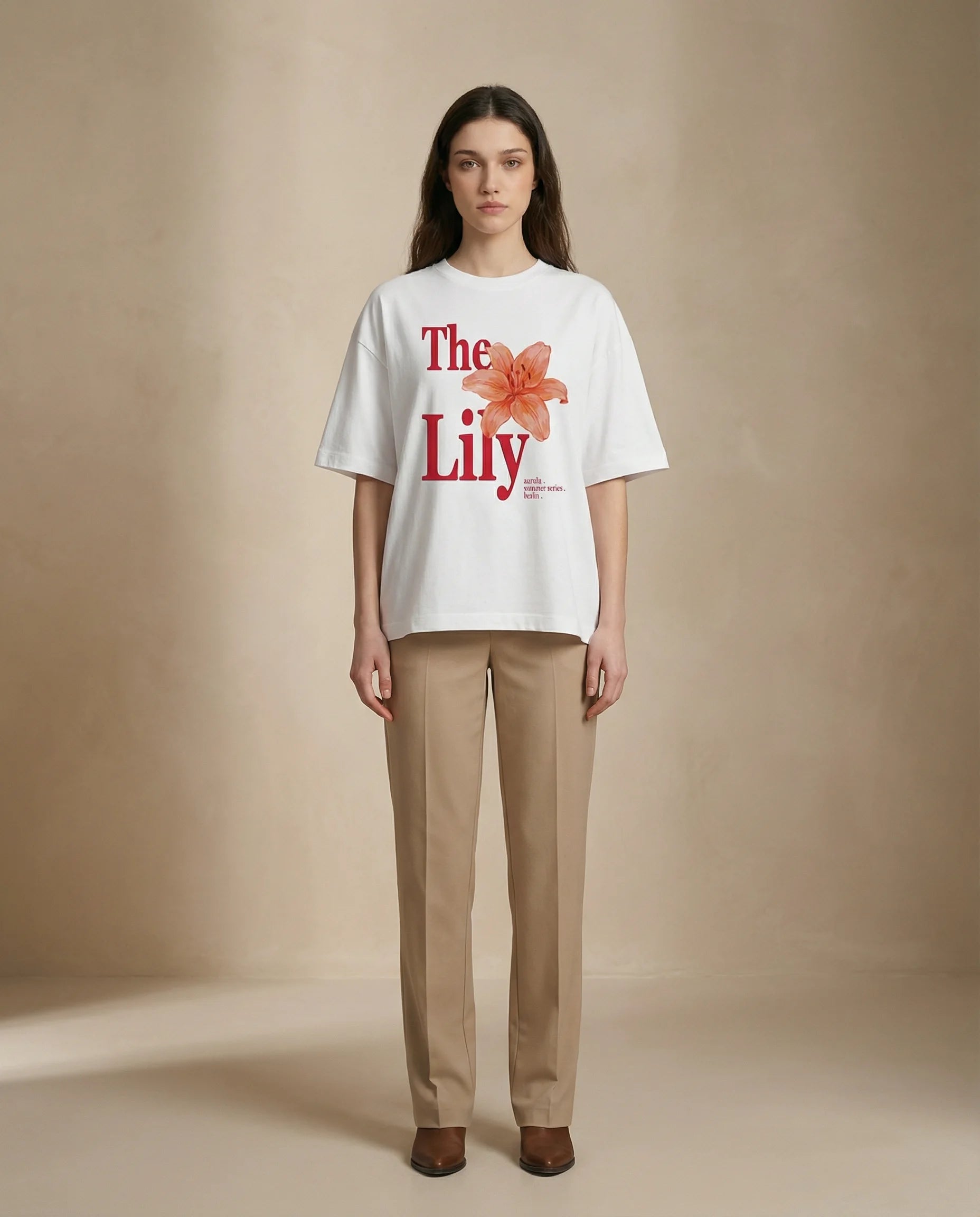Oversized women's lily print tee by aurulu featuring colorful floral design on soft print material