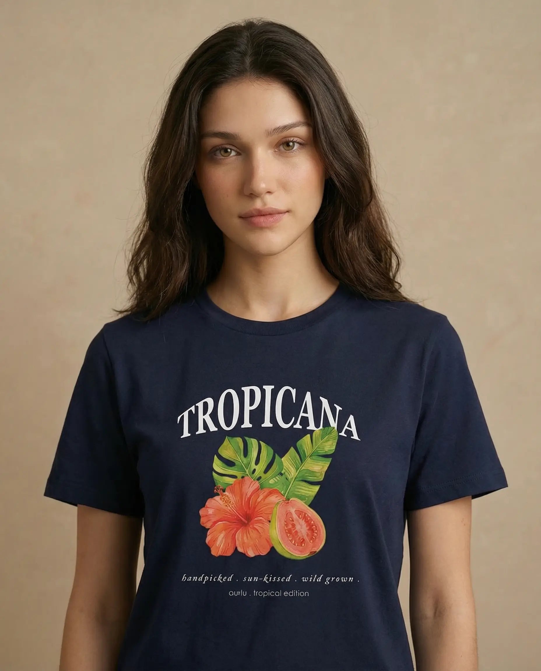Tropicana women's tee by Aurulu featuring vibrant tropical print on soft, comfortable fabric.