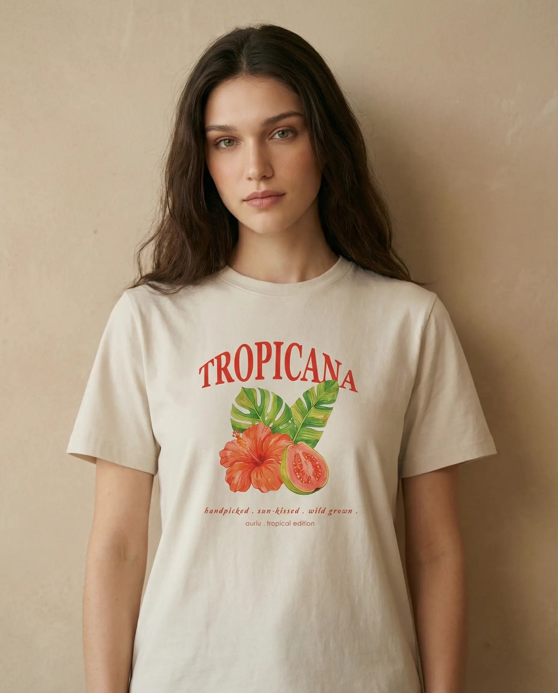 Tropicana women's printed tee by aurulu featuring vibrant tropical fruit design on soft fabric.