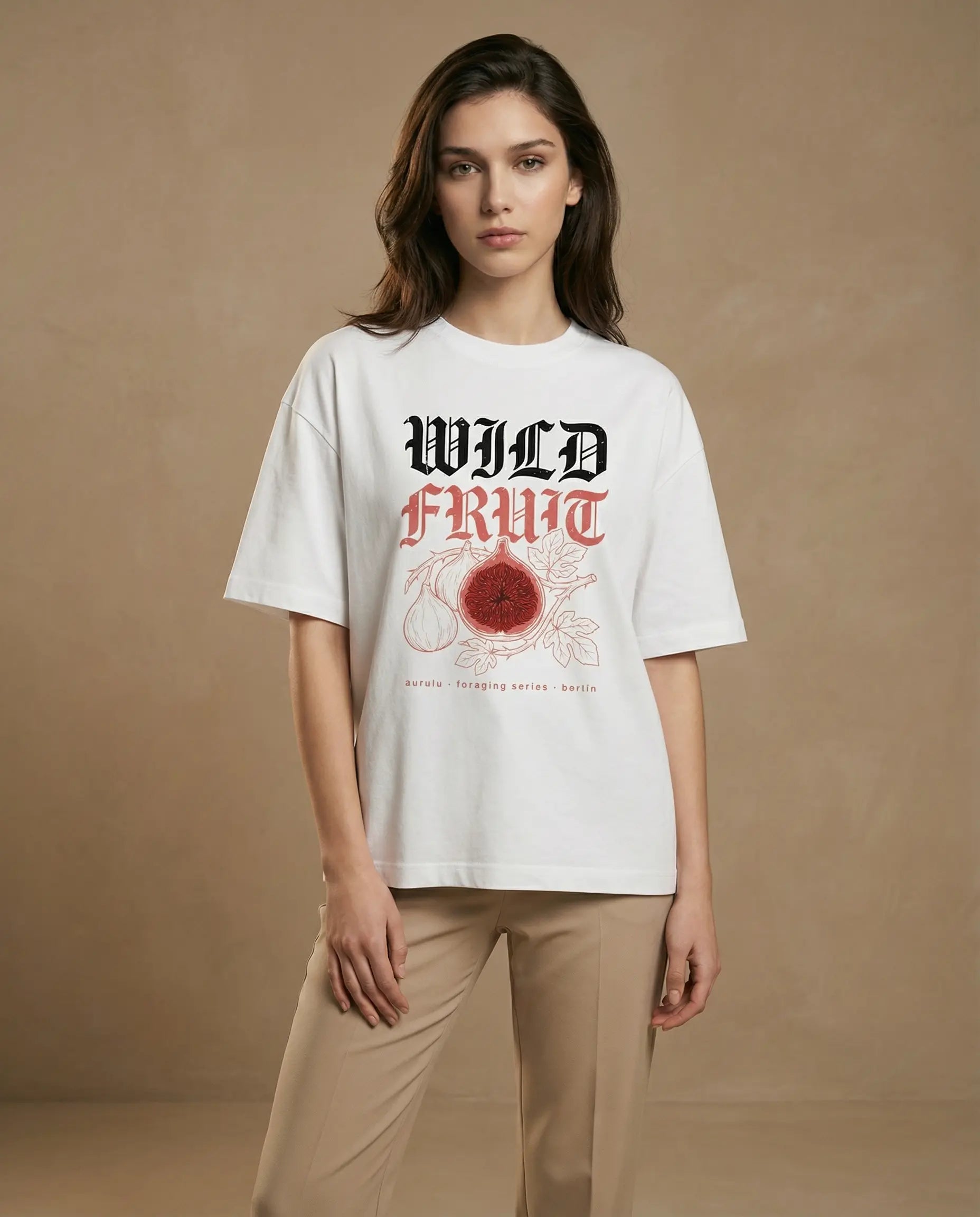 Wild Fruit women's oversized tee with vibrant fruit print, made from comfortable print material by aurulu.