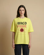 Wild Fruit women's oversized print tee by Aurulu featuring a colorful fruit design on soft fabric.