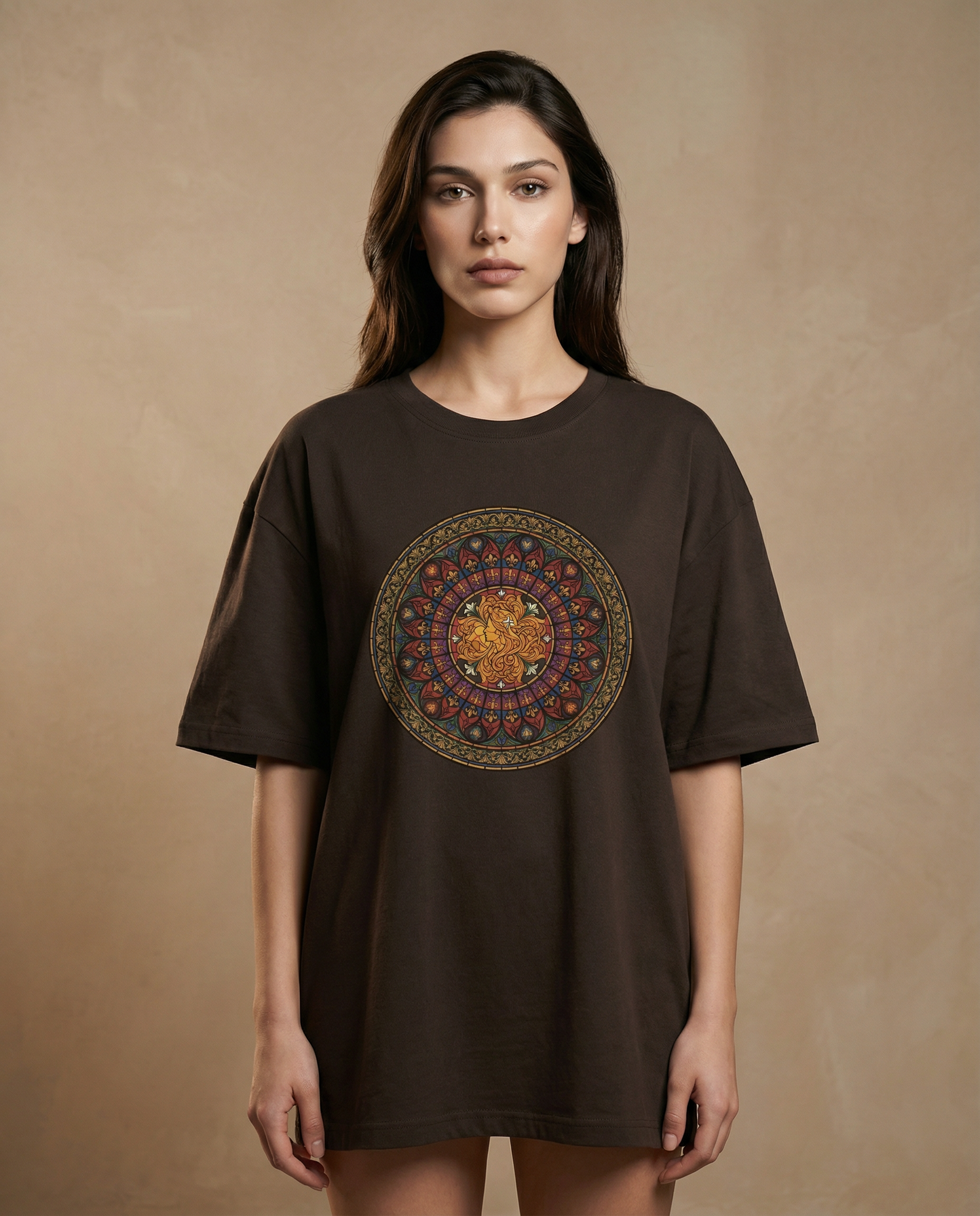 Aurulu Sancta Aurelia oversized women's print tee featuring a detailed graphic design on soft fabric.