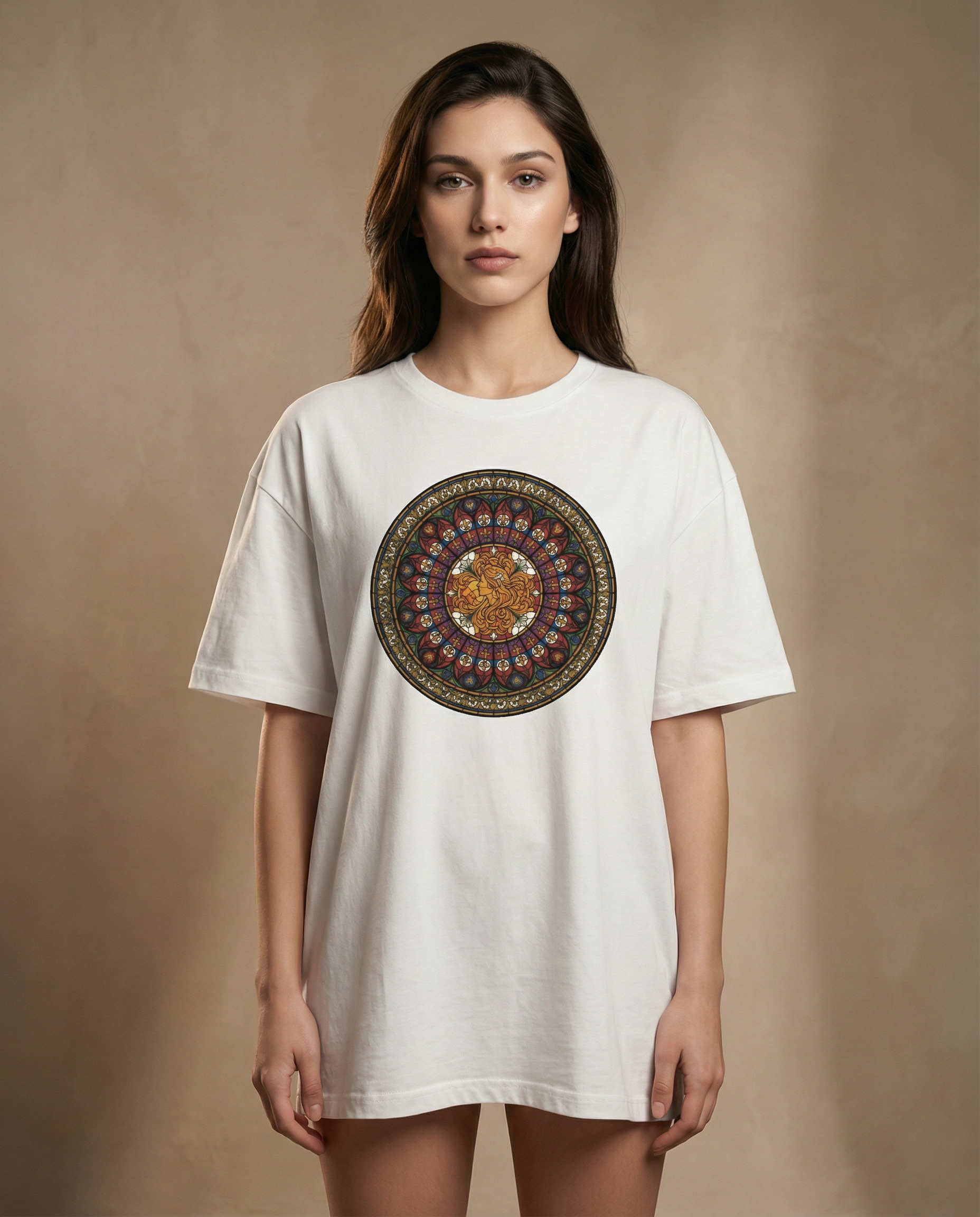 Aurulu Sancta Aurelia oversized women's print tee with bold design on soft fabric, casual and comfortable for everyday wear.
