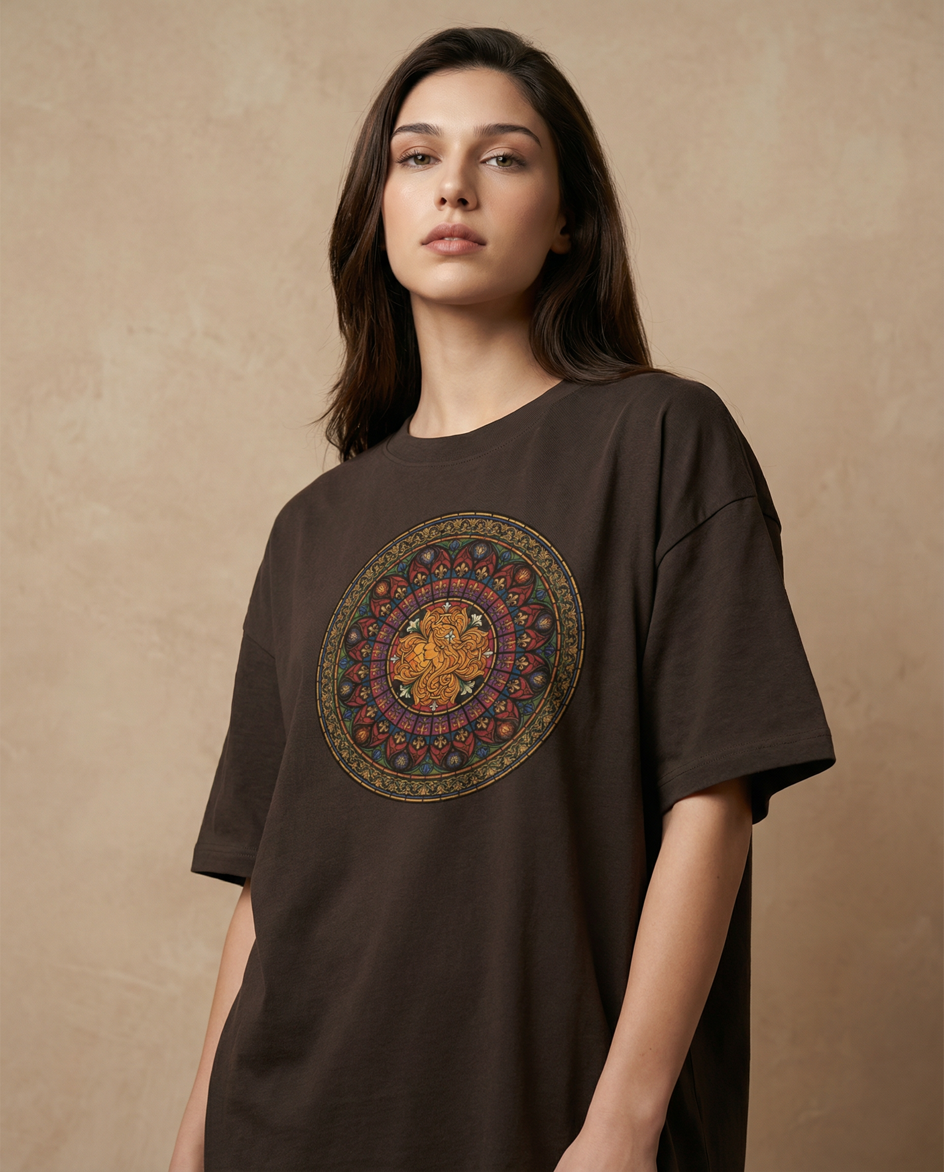 Aurulu Sancta Aurelia oversized women's tee with print design, showcasing relaxed fit and soft fabric material.