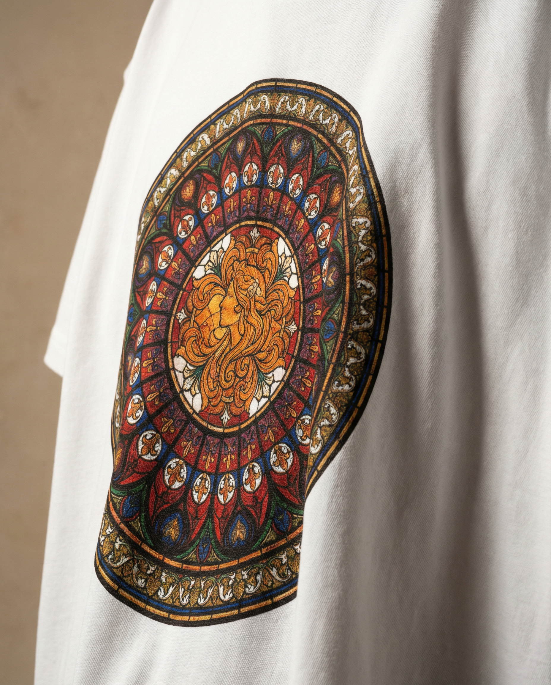 Aurulu Sancta Aurelia oversized women's print tee with artistic graphic design, relaxed fit, and soft fabric material.