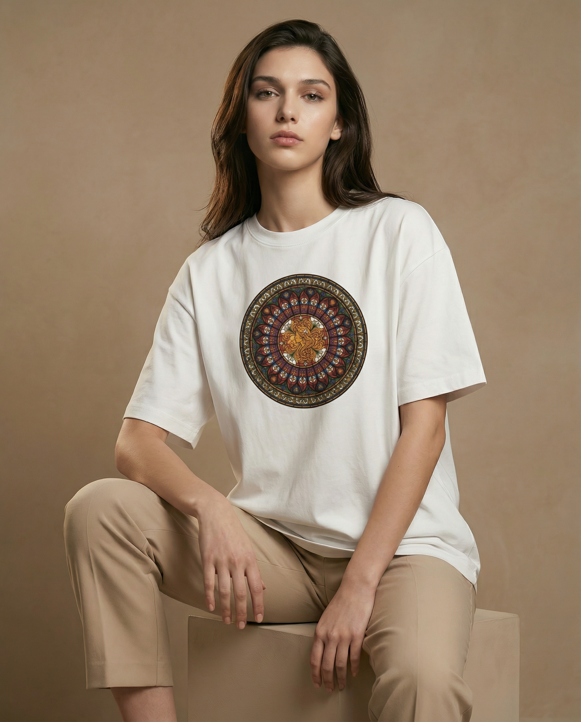 Aurulu Sancta Aurelia oversized women's print tee featuring a stylish graphic design on soft fabric.