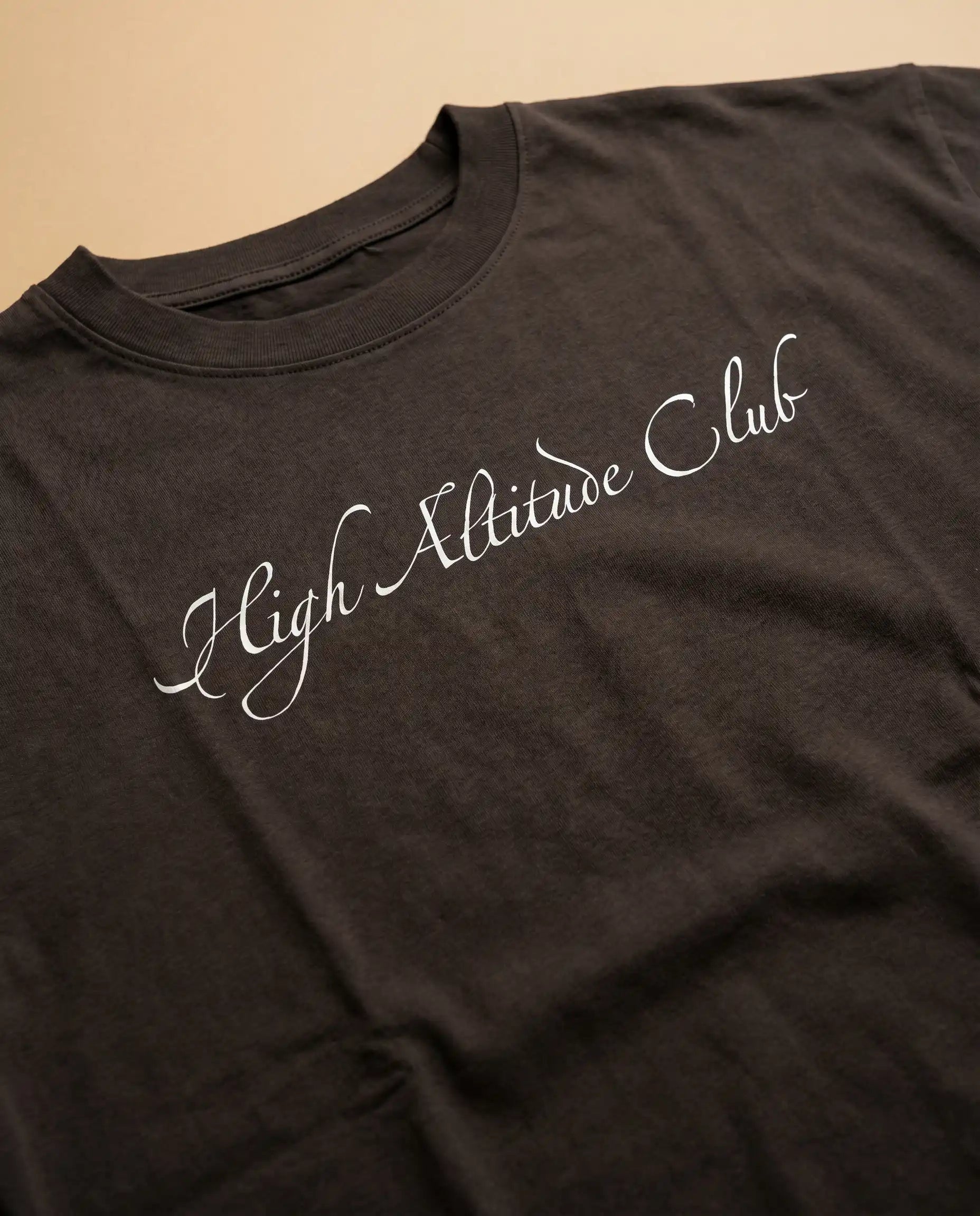 Unisex oversized T-shirt by aurulu with high altitude club print, made from organic cotton, shown in a front view.