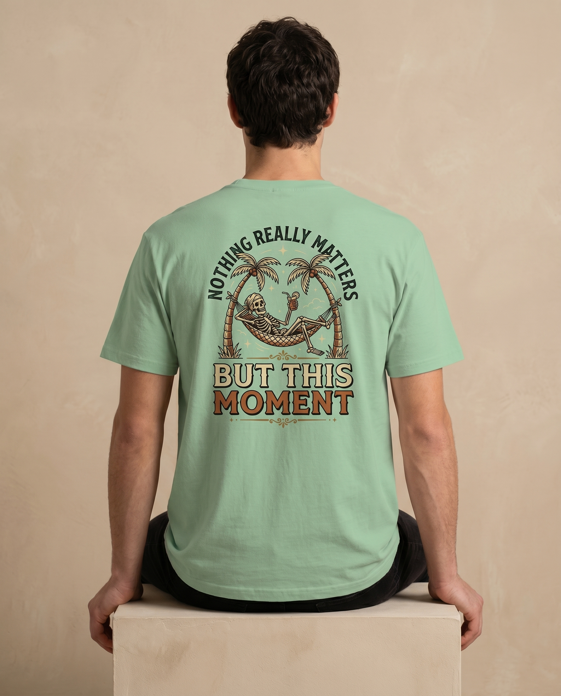 Unisex crewneck tee with print design by aurulu, featuring the phrase "Nothing Really Matters But This Moment" on comfortable fabric.