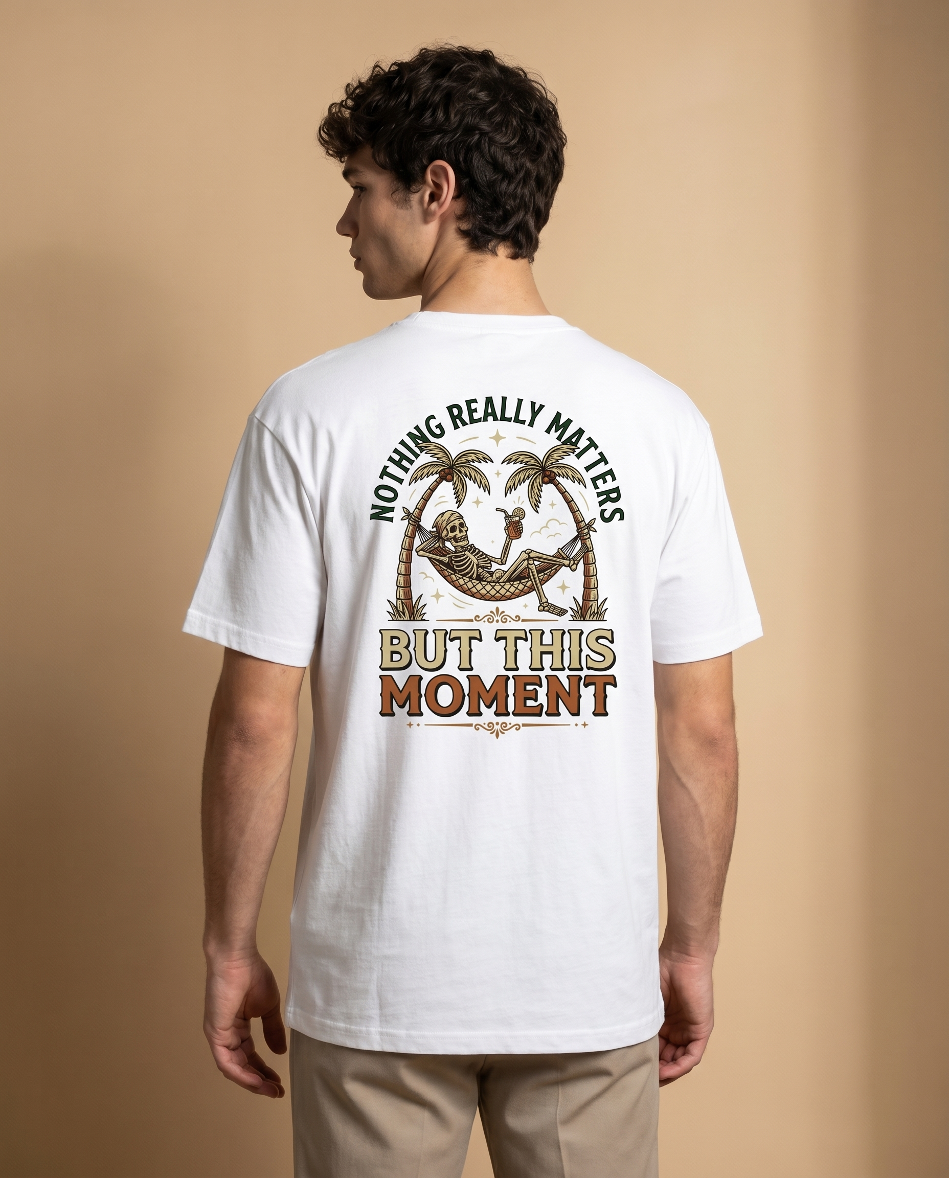 Unisex crewneck tee by aurulu with printed design that reads "Nothing Really Matters But This Moment" on soft fabric.