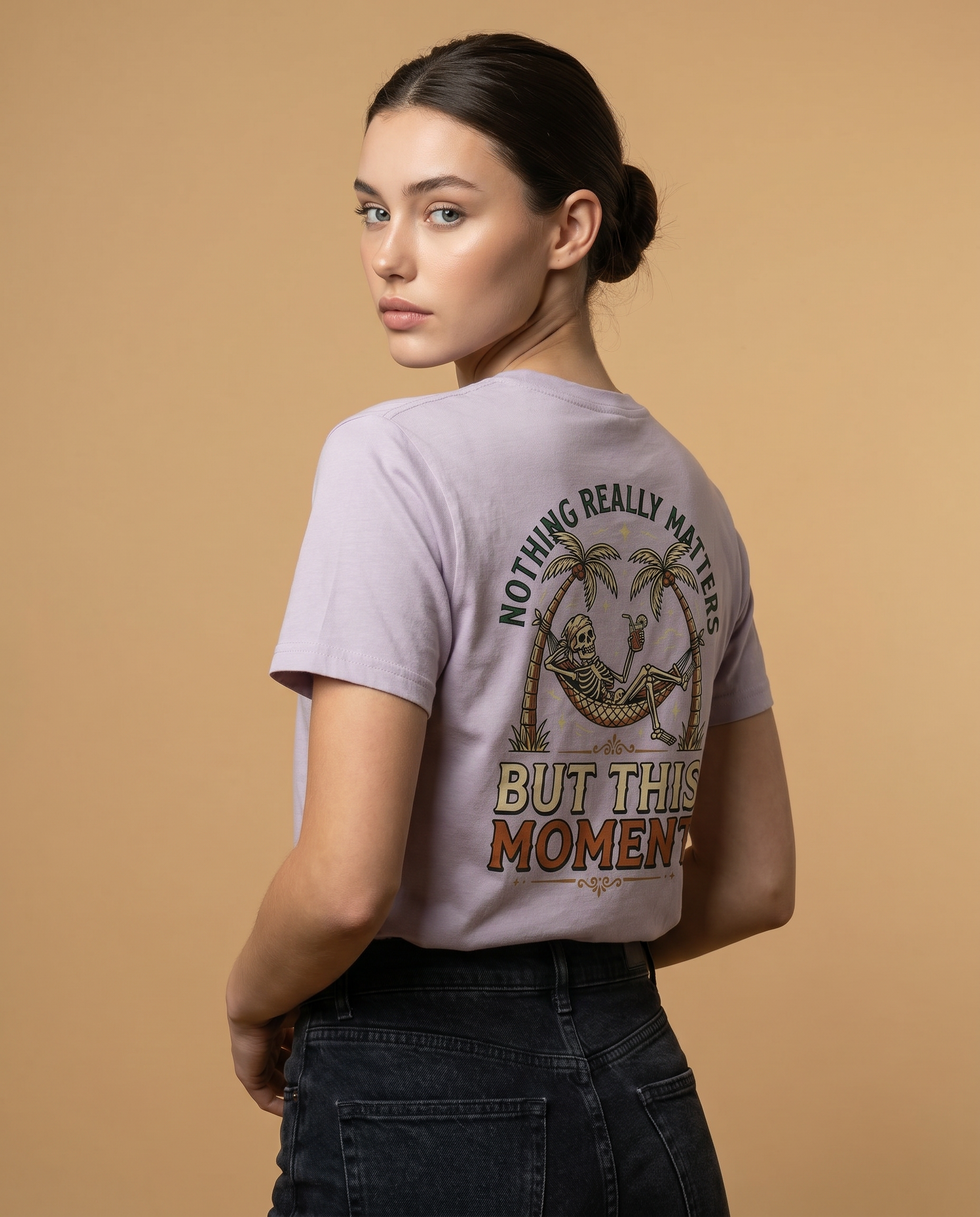 Unisex crewneck tee by aurulu with printed message "Nothing Really Matters But This Moment" on soft fabric.