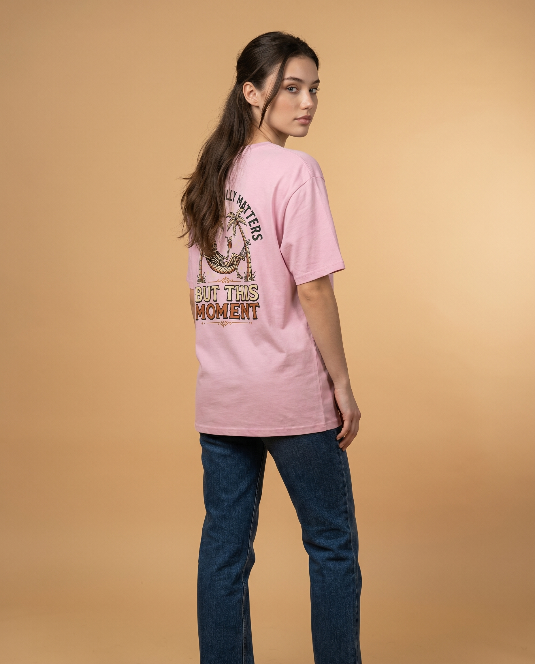 Unisex crewneck tee with printed design, featuring the phrase "Nothing Really Matters But This Moment" by aurulu.